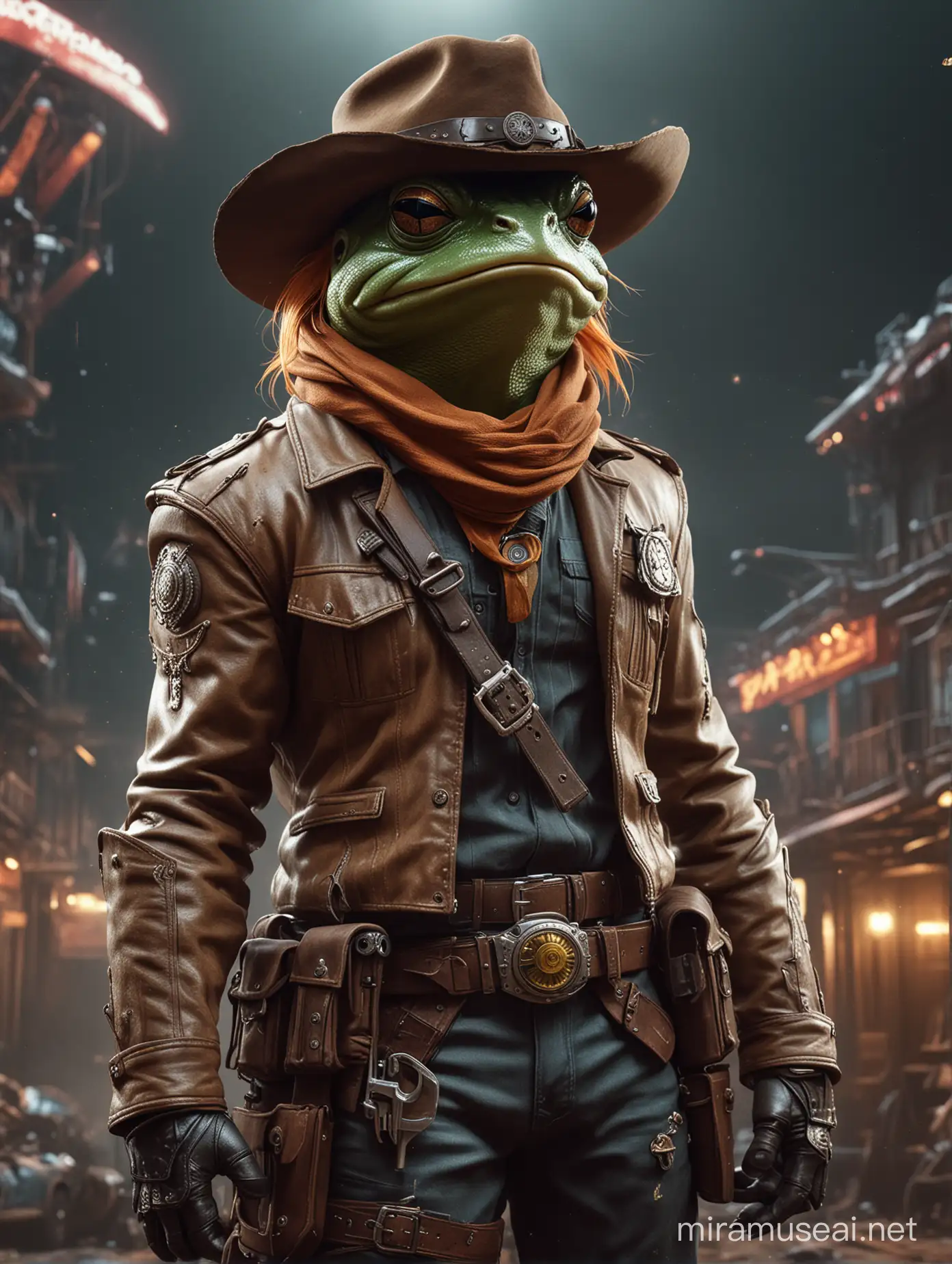 Mysterious Frog Cowboy with Revolver in PostApocalyptic Fantasy Scene