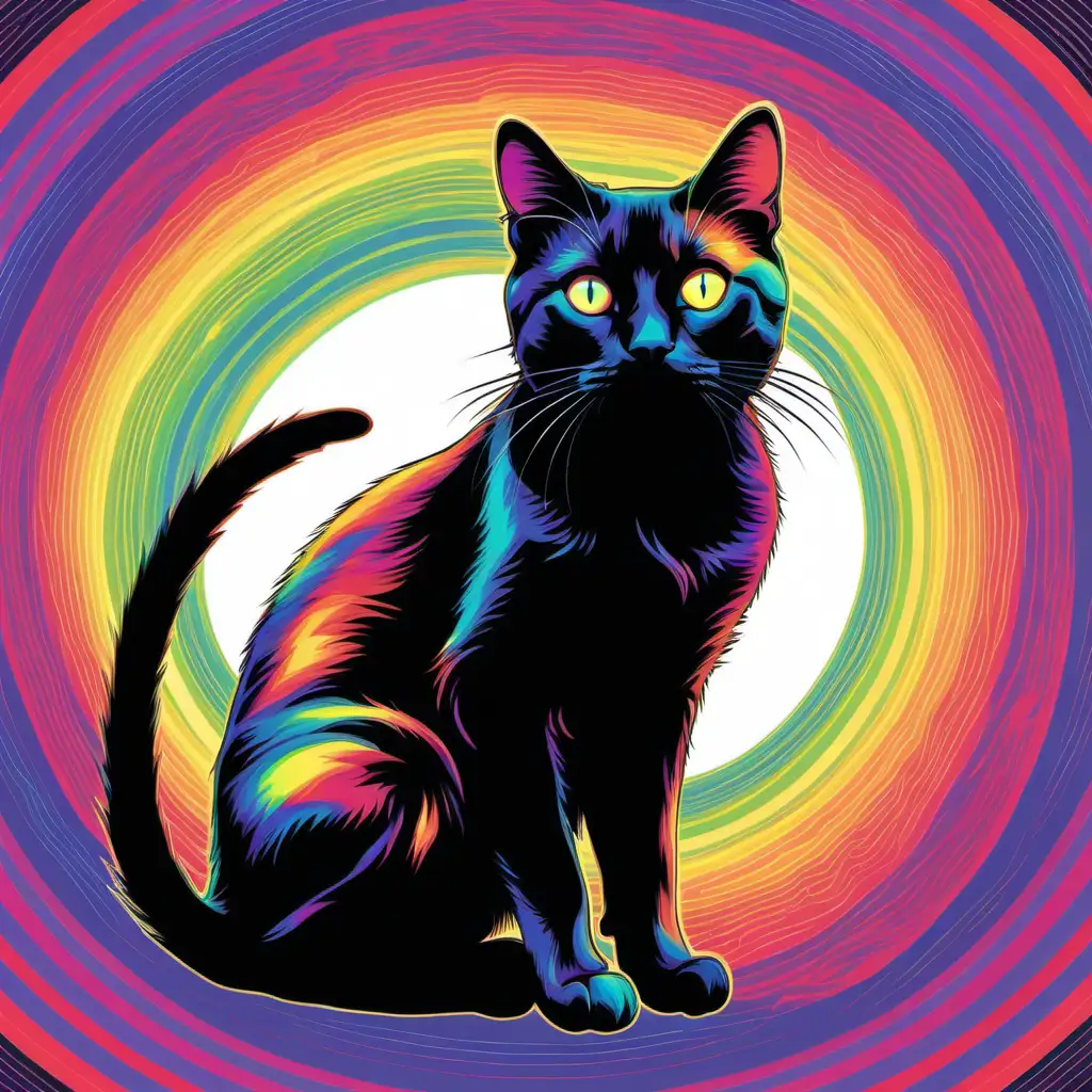 psychedelic image of a multicolored black cat; plain white background