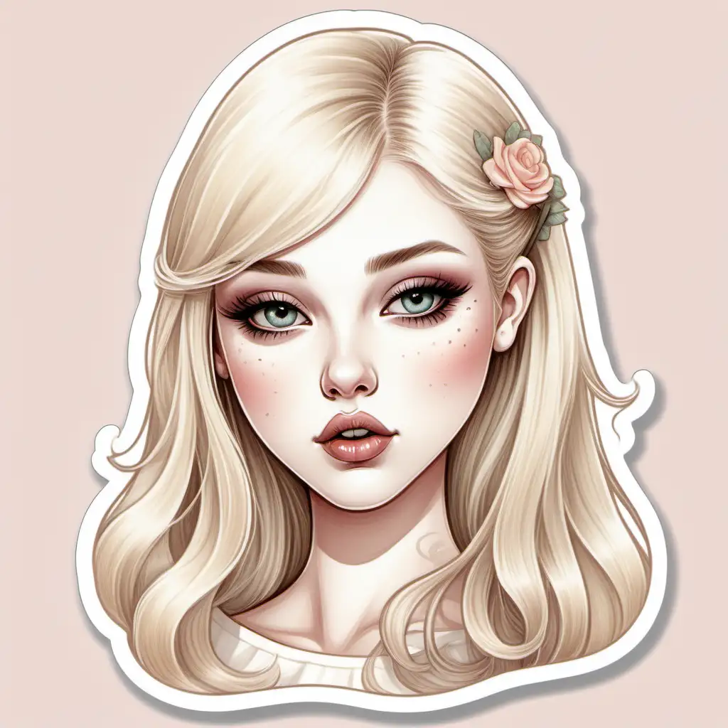 illustration, one coquette whimsical
blond girl,long straight hair,big lips, hazel eye color, cheek bones, sticker ,soft, pastel colors, incorporate a touch of vintage-inspired design, and focus on conveying a charming and flirtatious vibe