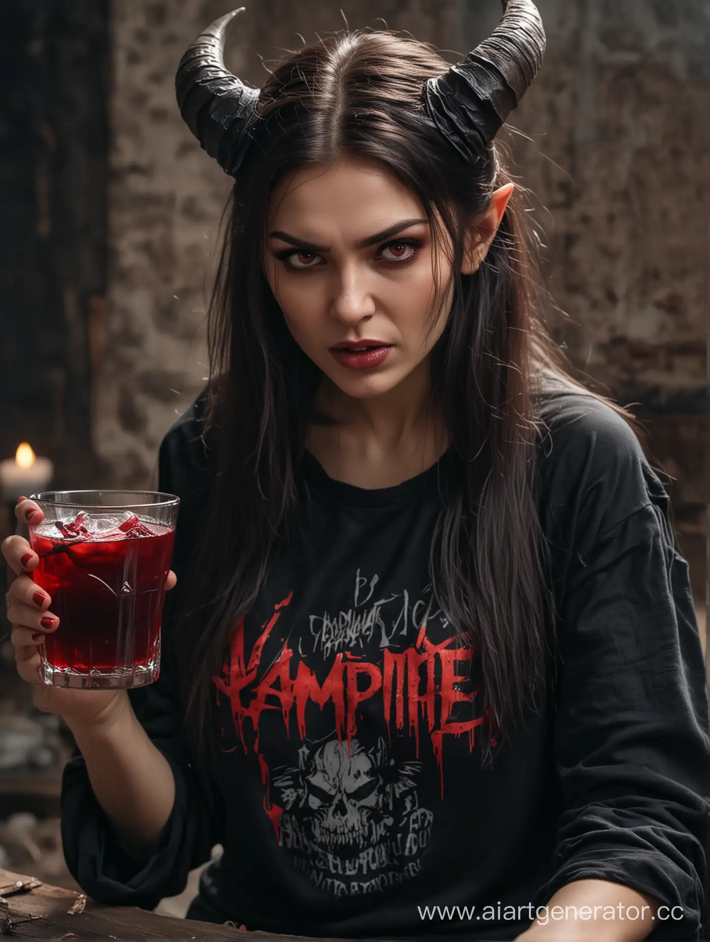  Злая Очень Красивая русская девушка вампир с длинными тёмными волосами с красными глазами с большими рогами на голове одета в тёмную футболку сидит злая на вампирской земле держит в руках стакан с кровью 