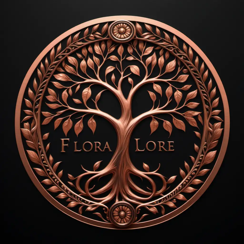 A logo.  A tree with copper leaves. Write the words "Flora Lore. Use bronze and copper.  Black background.  Create double border circles around the logo with ornate decoration inside the border.  
