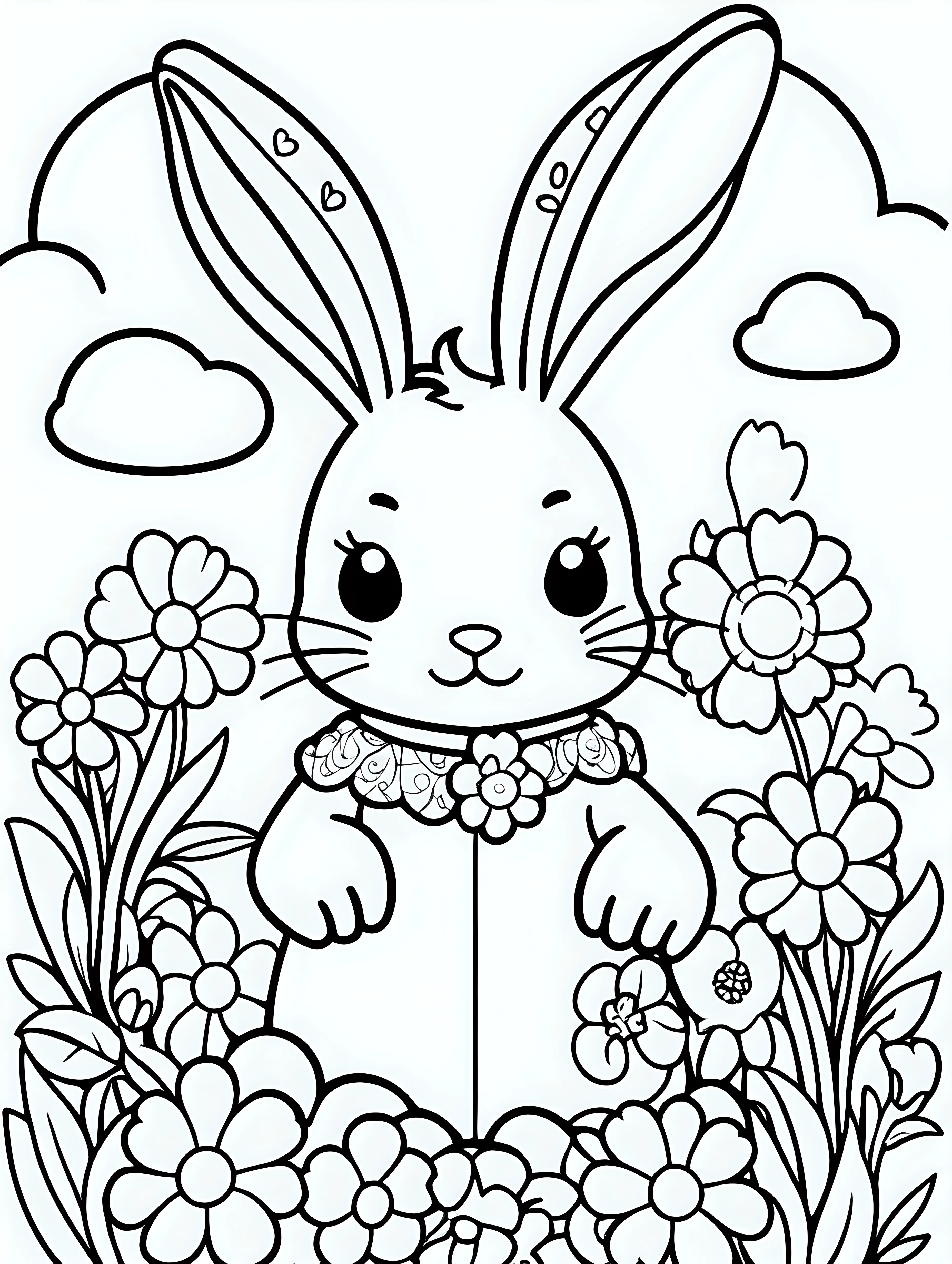 Coloring page for kids with a cute kawaii bunny with flowers around and clouds in the sky above him, blacklines and white background only black and white