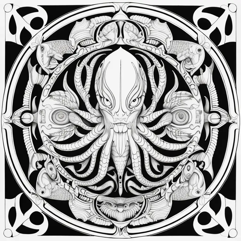 Symmetrical HumanFish Mandala Coloring Page Inspired by HR Giger