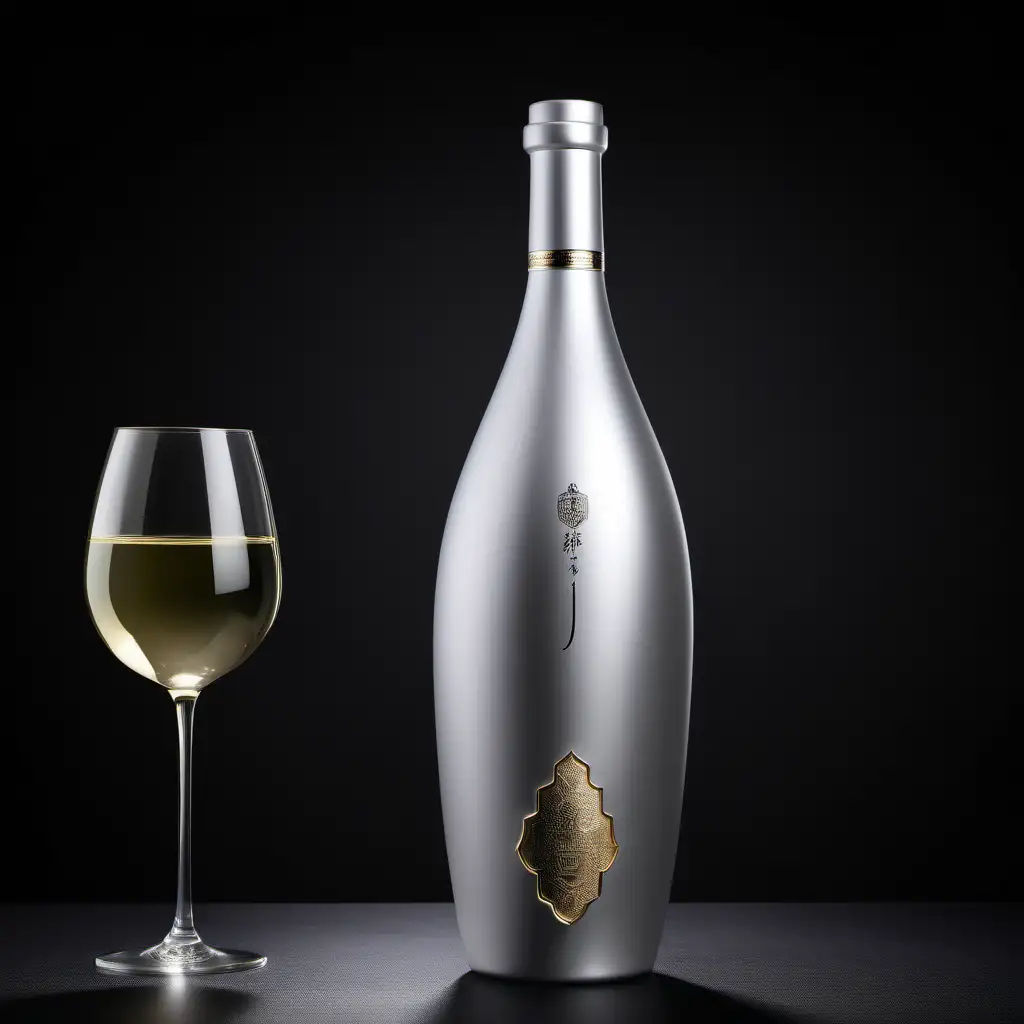 未来500年之后的白酒酒瓶形状设计，高端酒，酒瓶造型非主流风格，不透明陶瓷哑光质感，酒品牌名字为玖莼，精密的产品照片图像，高细节，银黑金