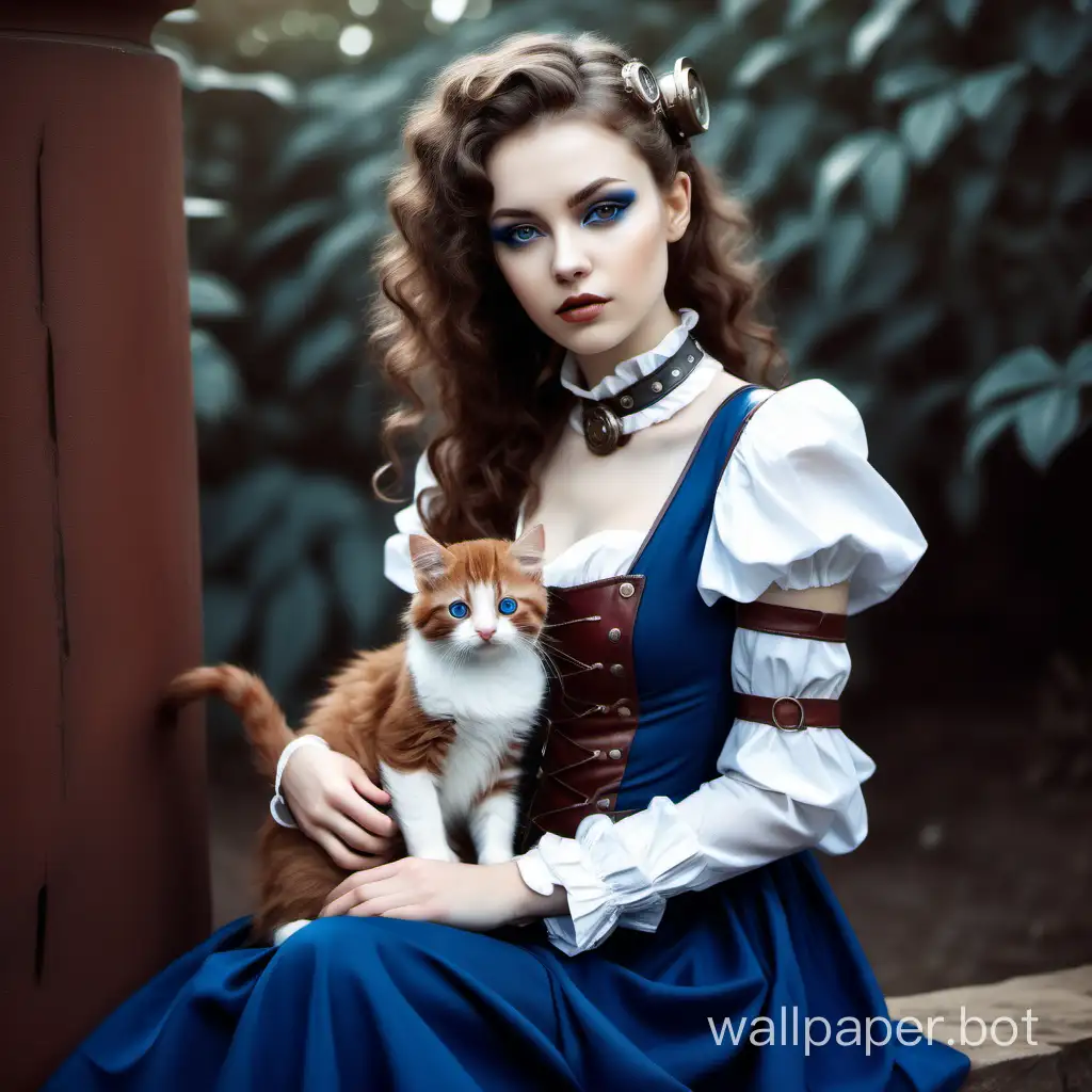 steampunk. baroque style. The image of a young woman with fair skin and natural makeup, with well-defined eyebrows and neutral lips. She had long, curly brown hair styled in thin strands. She is wearing a blue dress with leather inserts and metal details, and white suede boots. A red kitten sits on your hand. She poses casually outdoors. Choose Model: Tamarin