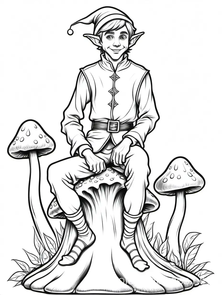 thin black lines, white background, a beautiful young thin, happy male elf with normal human ears. Full body view  of the elf. The elf has normal human ears and he sits on a big mushroo.m The elf has normal human ears., Coloring Page, black and white, line art, white background, Simplicity, Ample White Space. The background of the coloring page is plain white to make it easy for young children to color within the lines. The outlines of all the subjects are easy to distinguish, making it simple for kids to color without too much difficulty