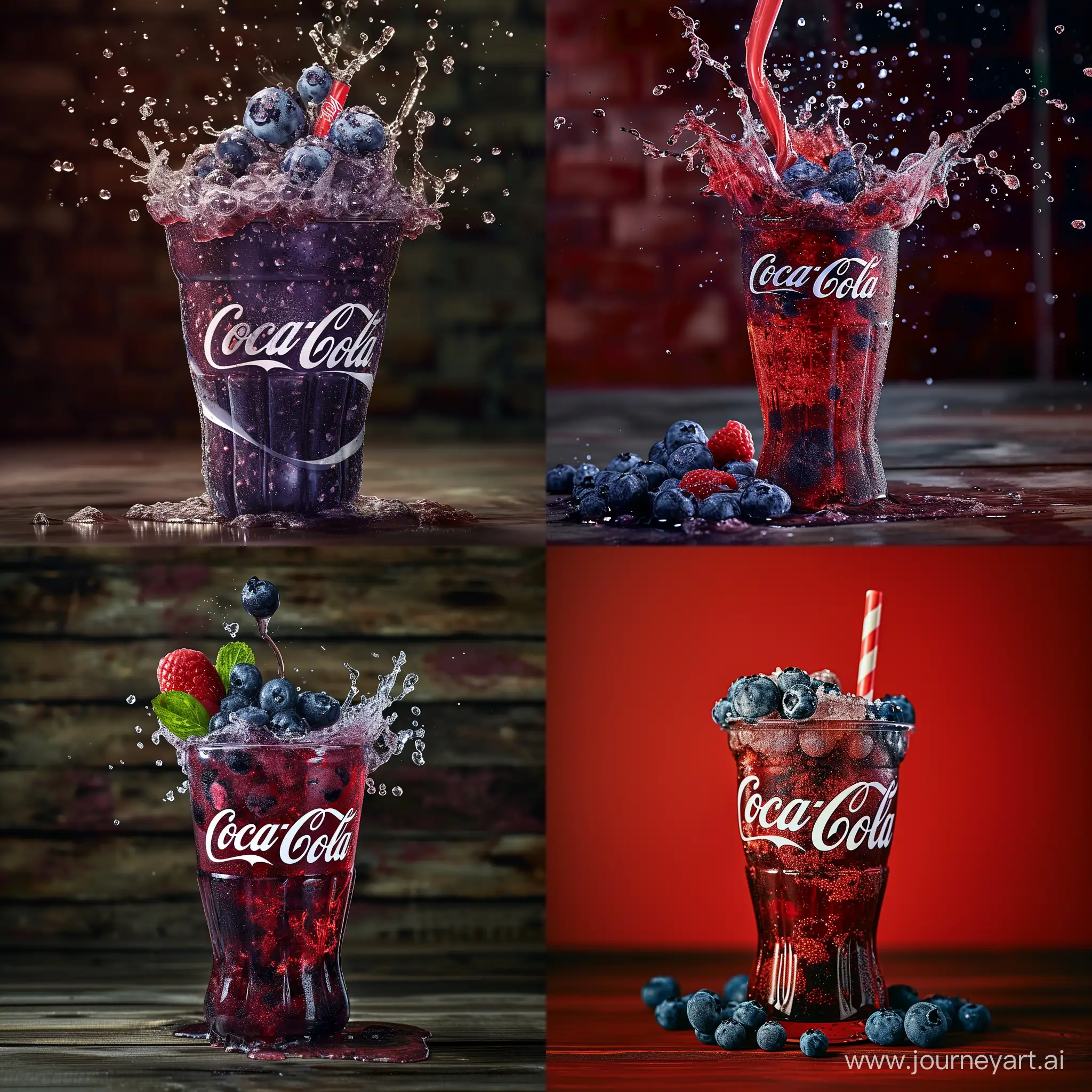 a cinematic product photo of a blueberry coca cola