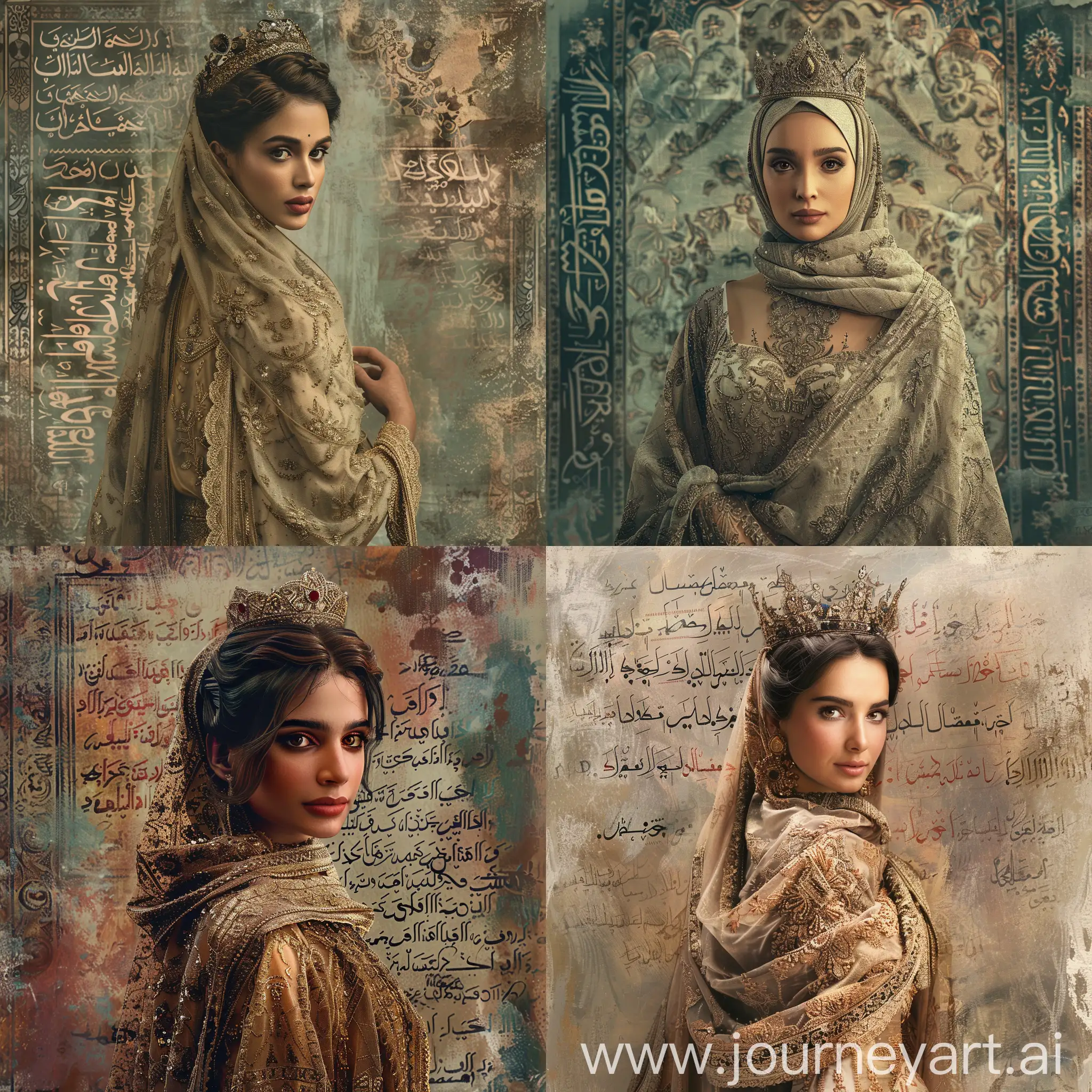 A stunning cinematic 3D rendering portraying an elegantly dressed muslimah from the past, with a captivating expression and a confident posture. The muslimah is wearing a beautiful, intricately designed dress that appears to be from the early 20th century. Her shawl and crown is styled in a vintage updo, adorned with an elegant looks. The background is a blend of art styles, featuring a mesmerizing blend of photography, painting, fashion, typography, and illustration. The overall effect is a visually stunning and emotionally evocative piece that combines elements of romance and nostalgia., photo, illustration, painting, cinematic, 3d render, fashion, typography