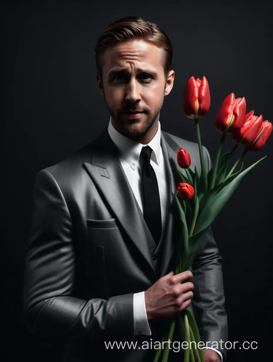 Райан гослинг в костюме классическом в руках держит тюльпаны красные на однотонном фоне, фотореализм 