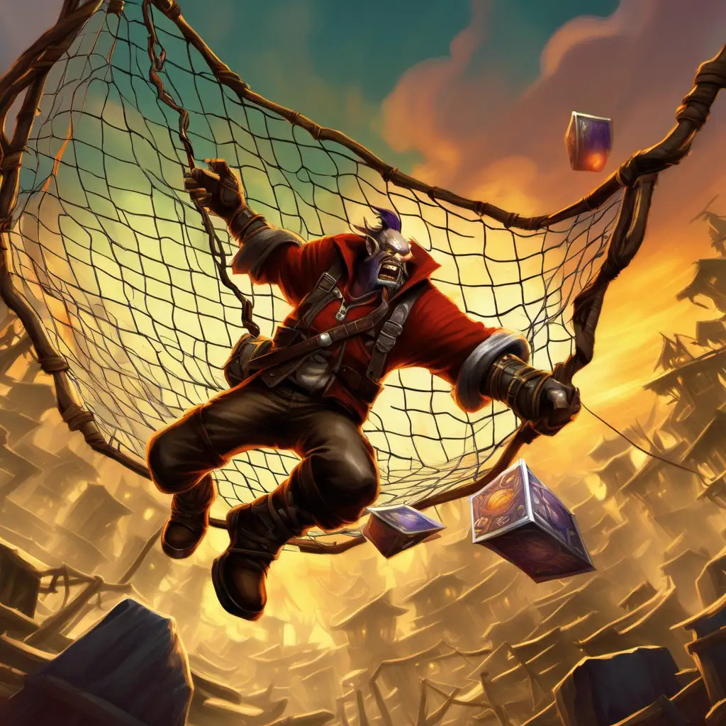 trapper net in mid air, trap on ground, world of warcraft tcg, stylized game art