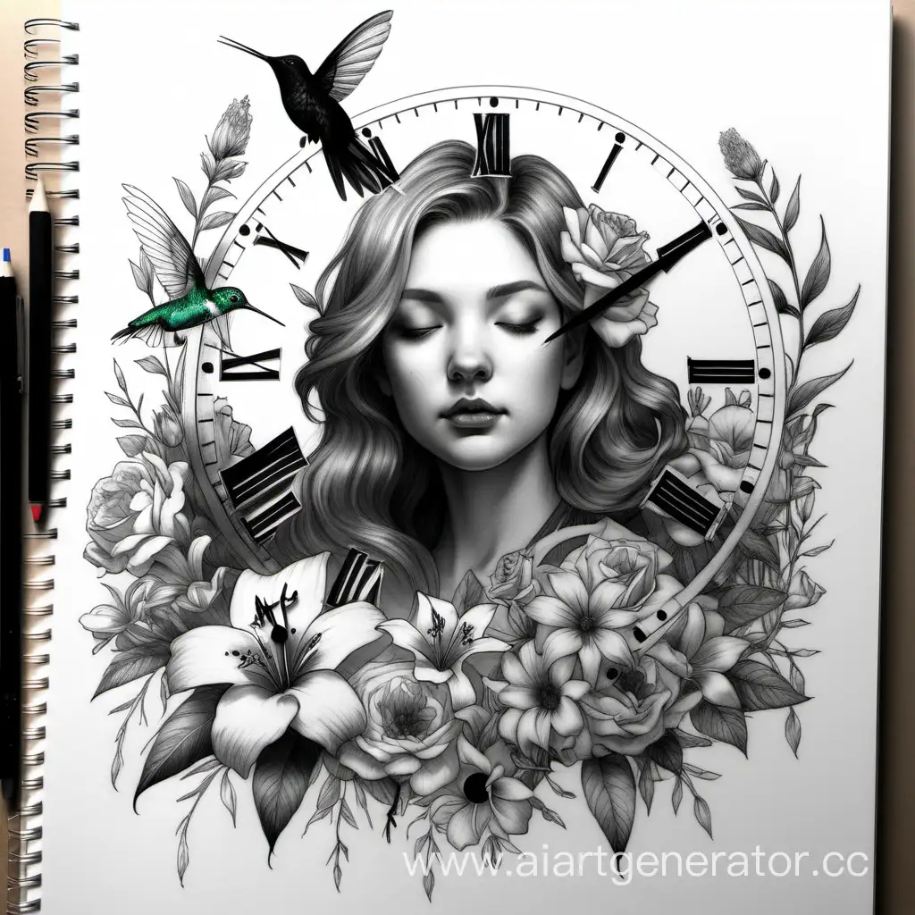 Girl-Holding-a-Lifeline-Clock-with-Panthers-Face-and-Hummingbird-amidst-Floral-Sketch-Realism