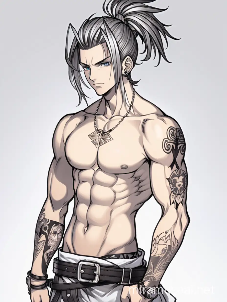 jrpg, young man, man bun hair, punk, scars, manga, tattoo, muscular but lean, abs, fantasy, another eden, full body, waist up fully in view, portrait, no background, facing slightly to the side, staring at the camera