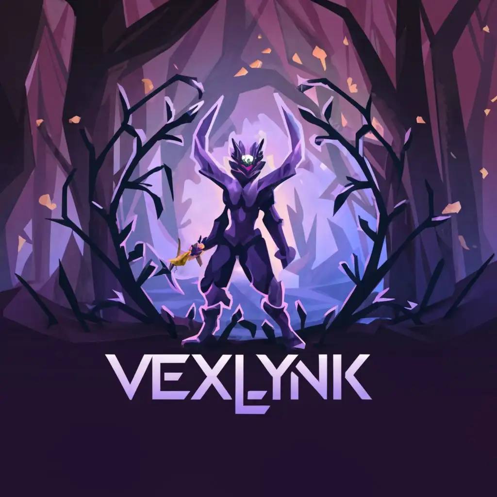 a logo design,with the text "VexLynk", main symbol:A vex demon with a sword in a purple forest,complex,clear background