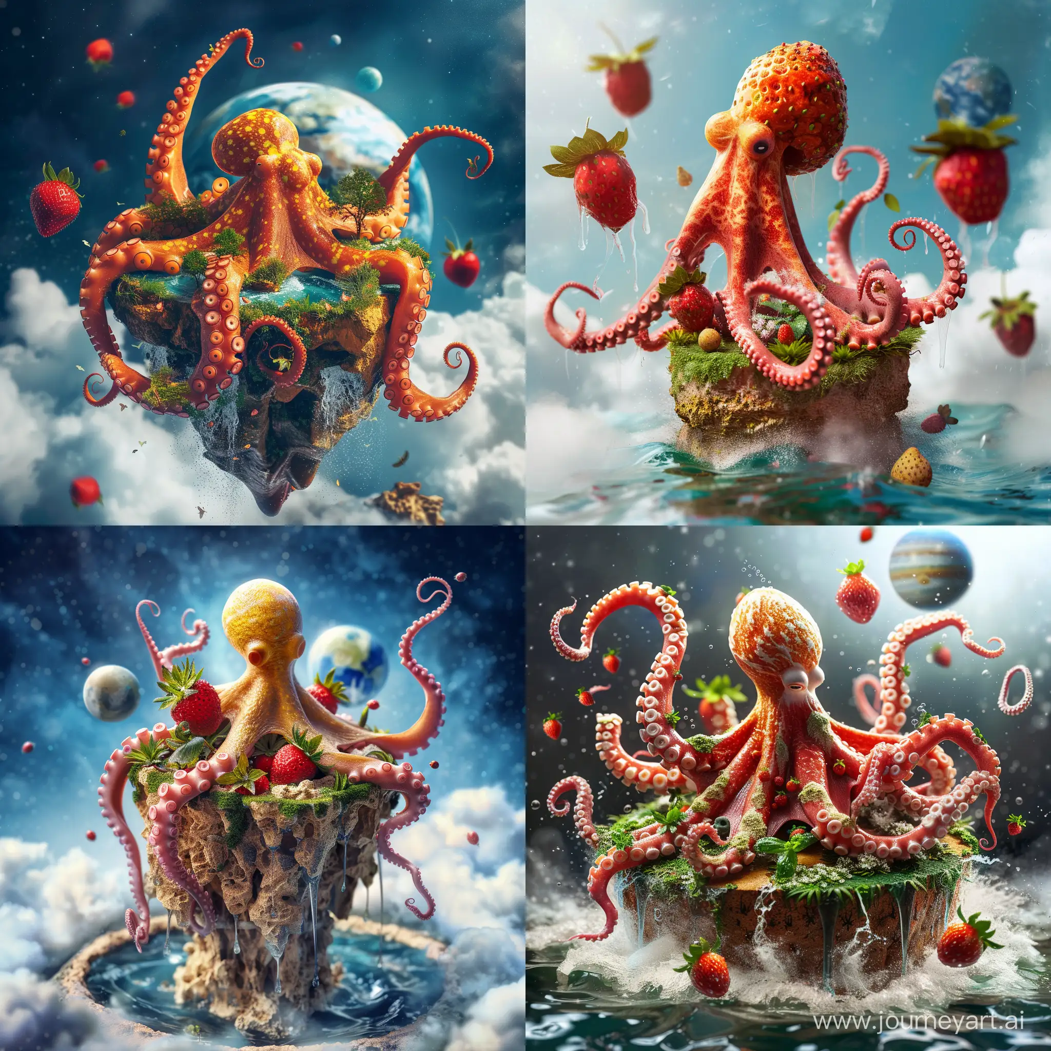 mixing of island and octopus and strawberry and planet, fantasy style, realistic