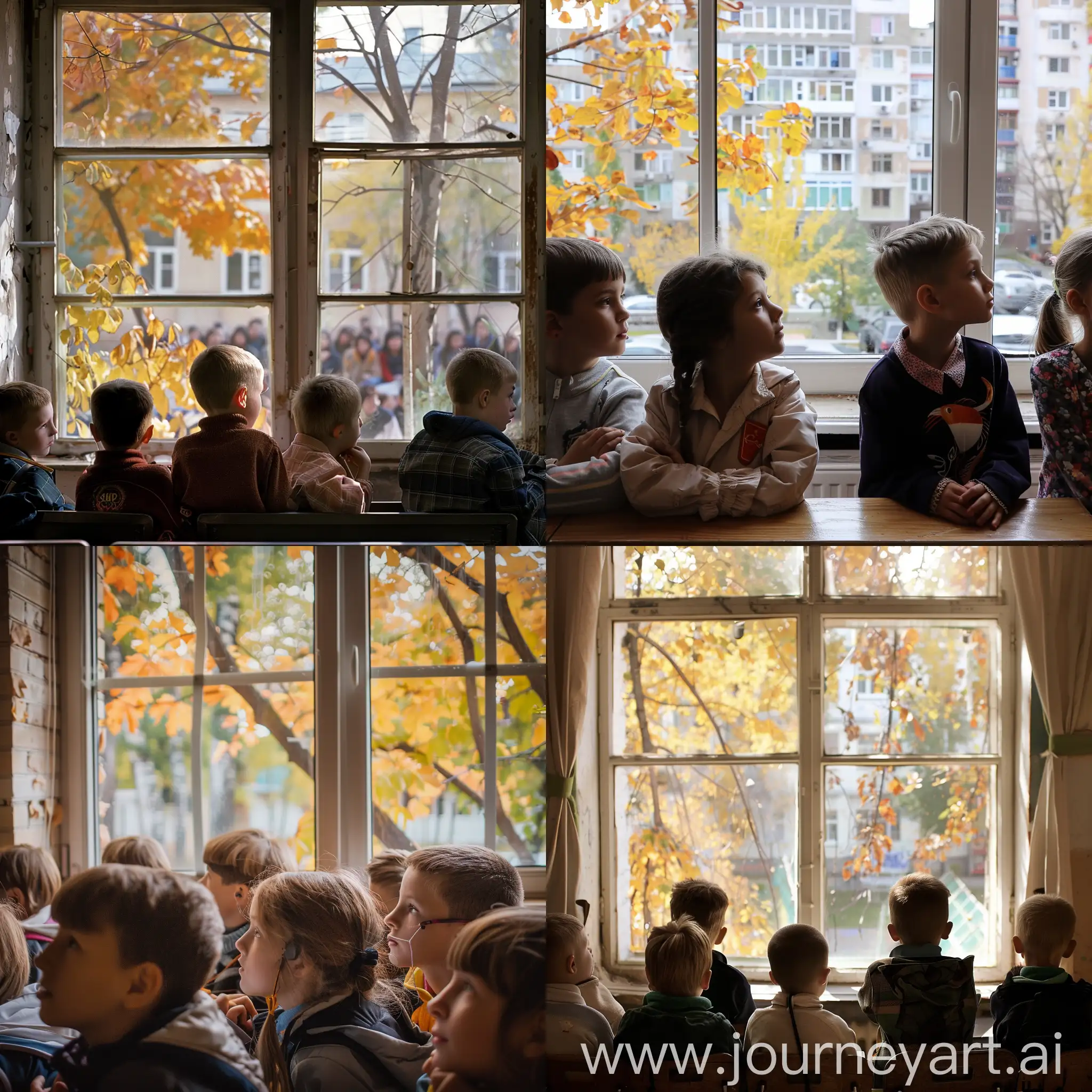 School; Classroom; students listening; autumn in the window; first september; russian school