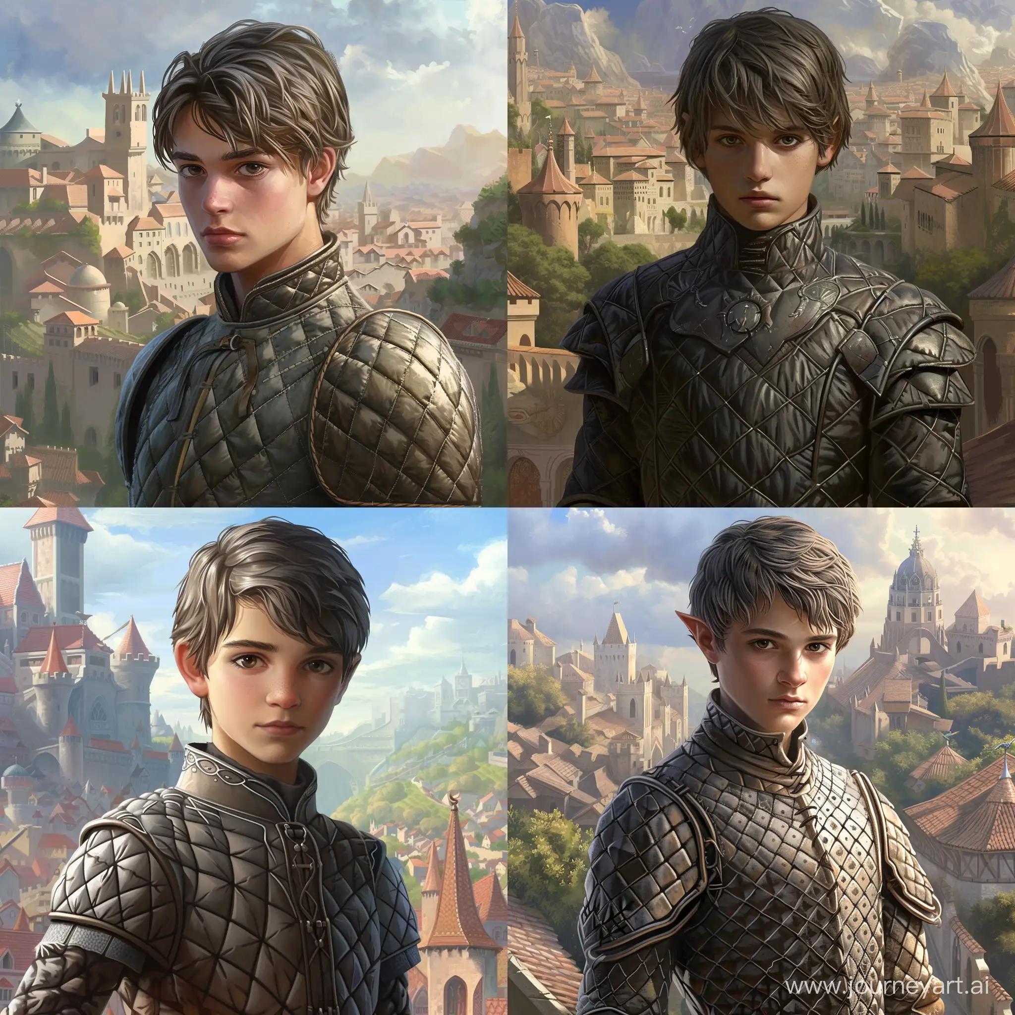 A young man of 15 years old in a fantasy setting. He is wearing quilted armor. Brown hair and gray irises. Slightly shorter than the average teenager his age. In the background is a medieval city.