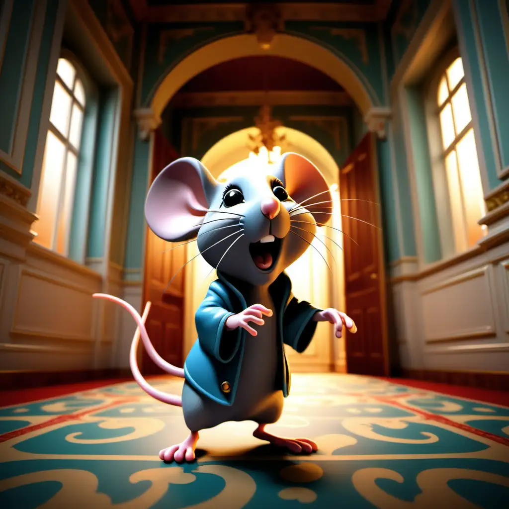 Create a 3D illustrator of an animated image of a mouse in the palace that is causing more trouble. Beautiful spirited background illustrations.