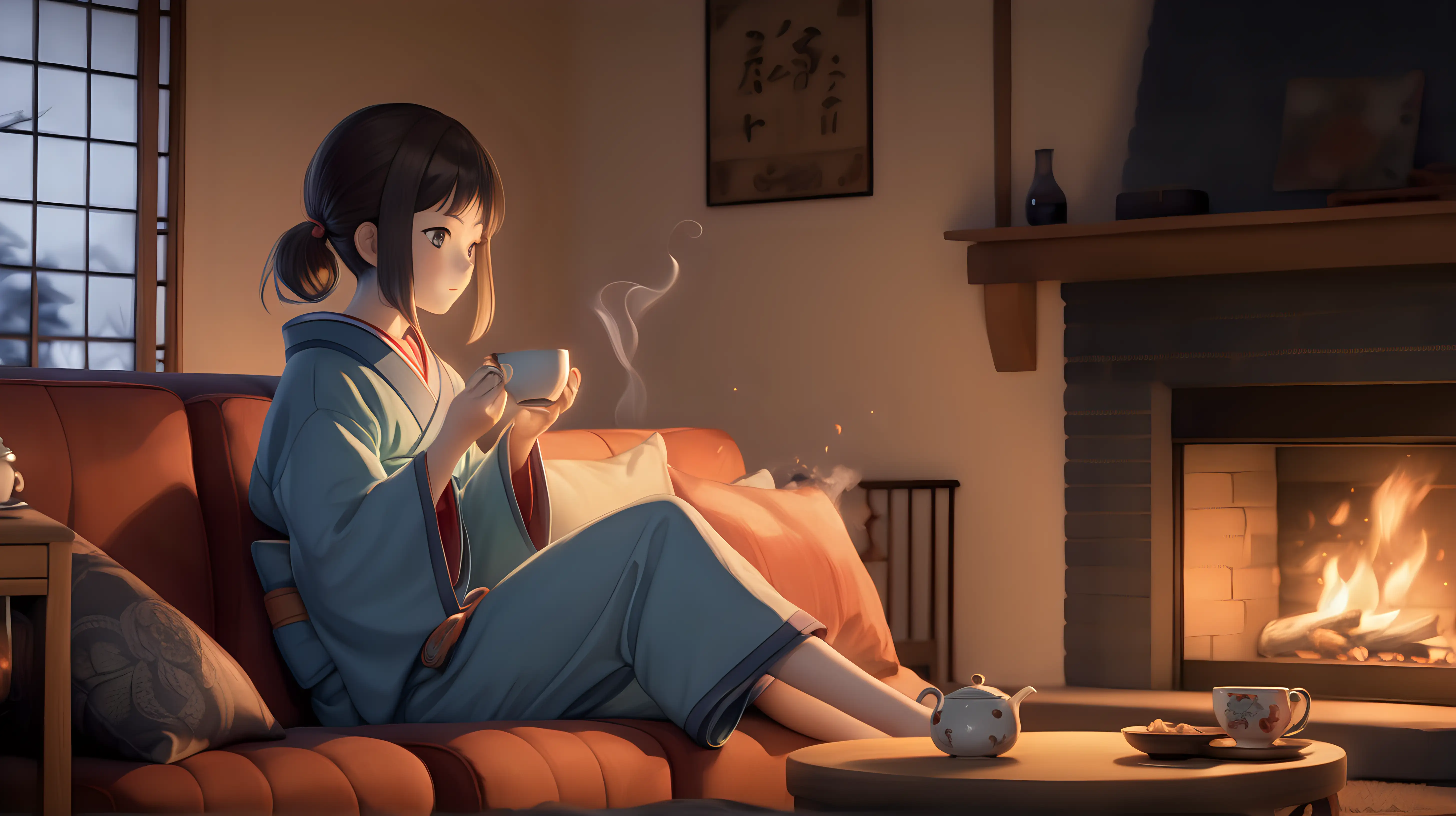 japanese anime inspred, a girl holding a cup of tea on sofa, watching fire in hearth, in living room