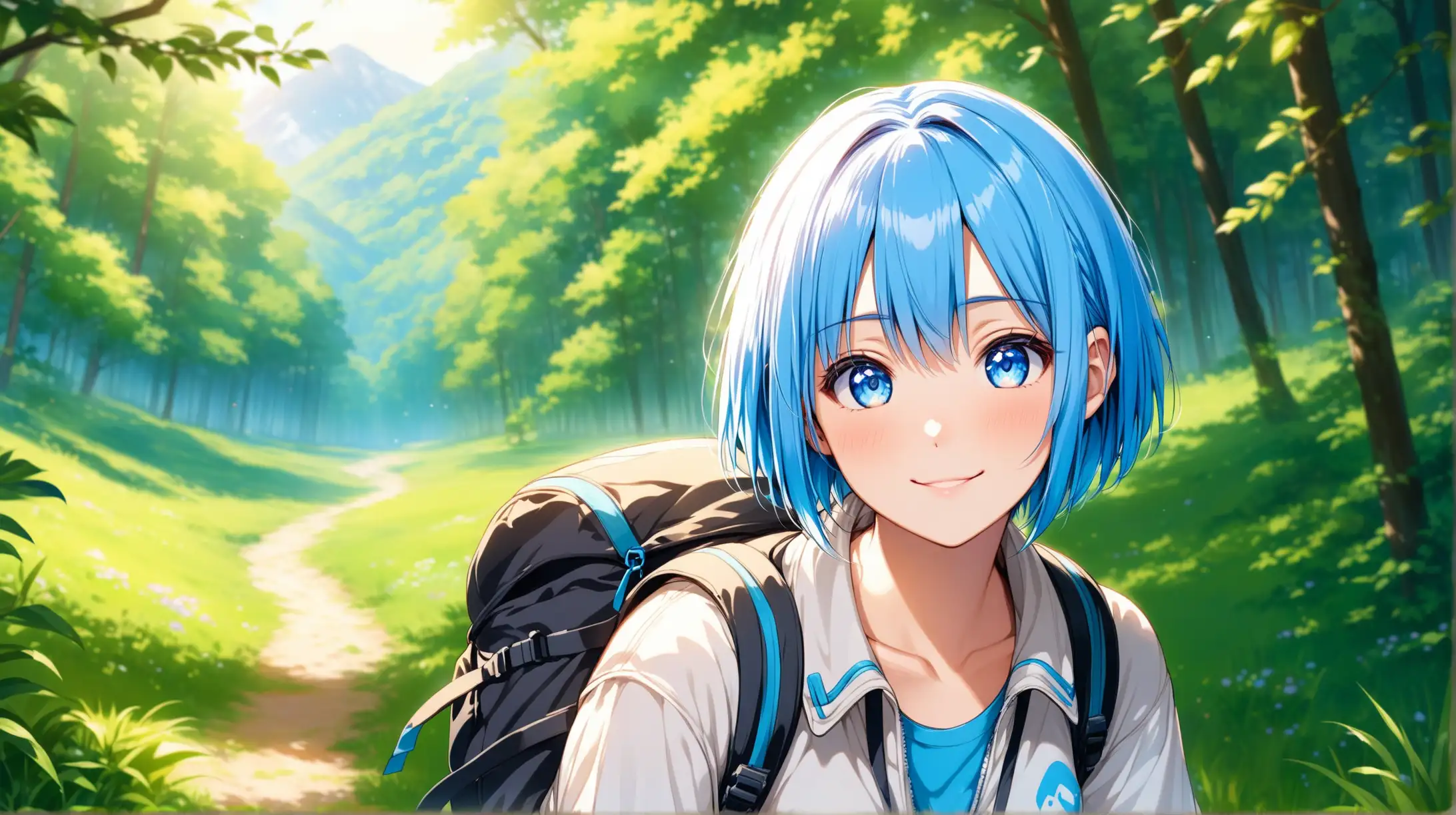Draw the character Rem, blue eyes, high quality, outdoors, glade, natural lighting, medium shot, in a relaxed pose, wearing a hiking outfit, looking at the viewer with a loving smile