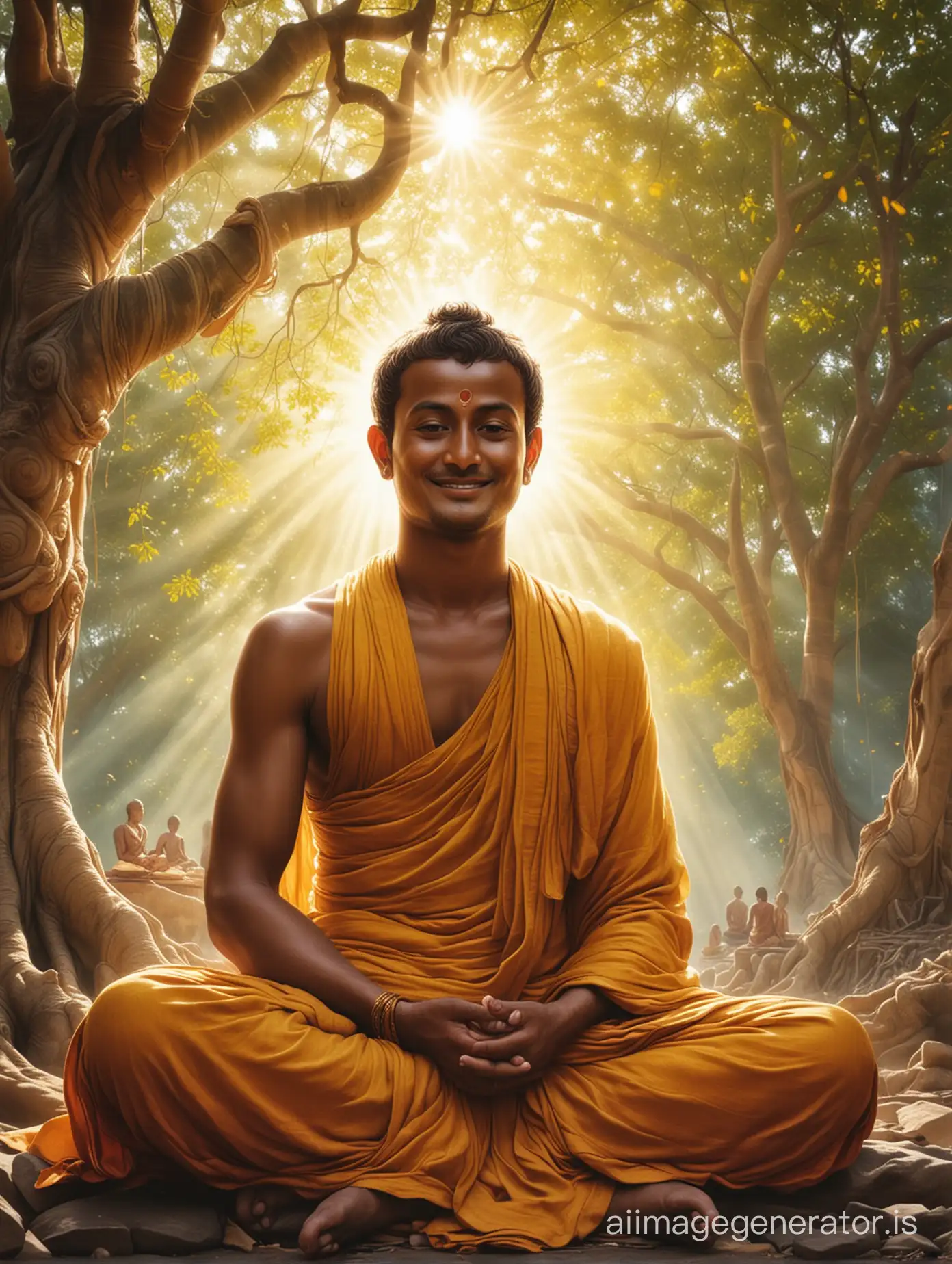 Generate an image of Siddhartha with a radiant smile on his face, surrounded by an aura of light, signifying his attainment of enlightenment sitting under the Bodhi tree.