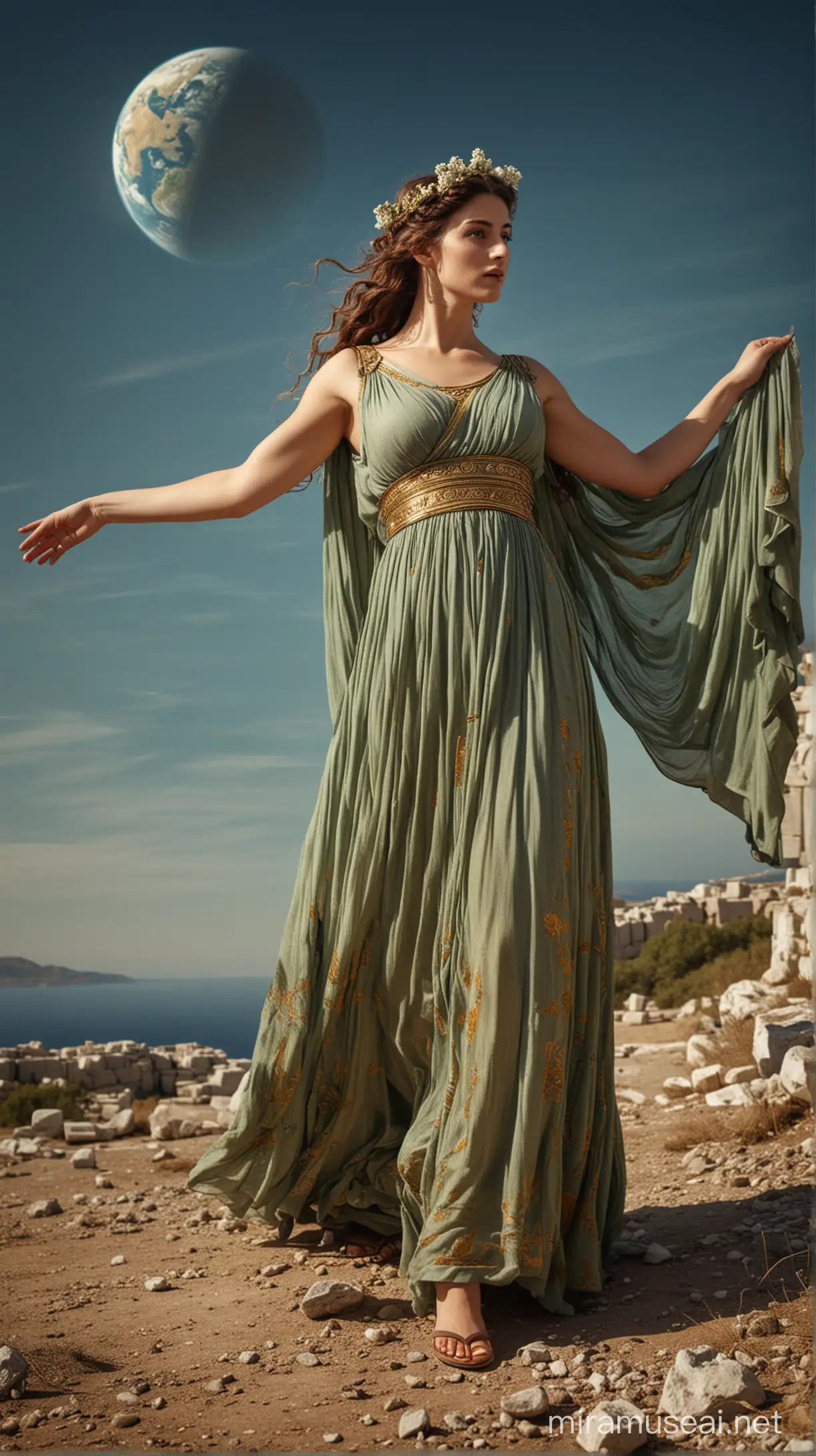 Greek Goddess Demeter in Traditional Dress with Earth Planet Backdrop