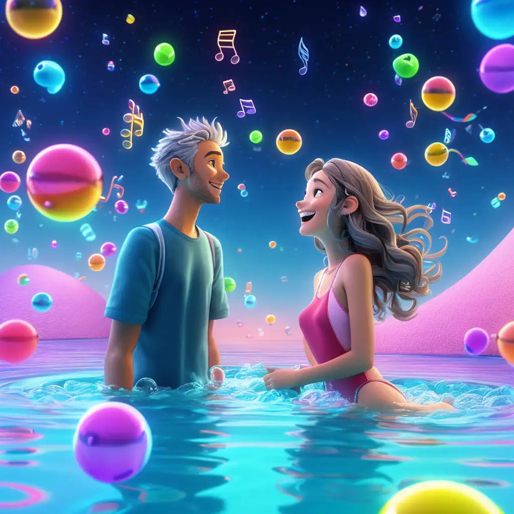 further perspective, vibrant, 3d animation a very happy early 20s couple, tall and thin boy with gray hair, shorter girl with very long brown hair, they are swimming in water in big jacuzzi alone, colorful neon bubbles and music notes floating, funny, laughing happy, crazy happy, neon colors in space, and love, playing with the water, music around, no close up, far away view, background is a big bathroom, they look in each others eyes