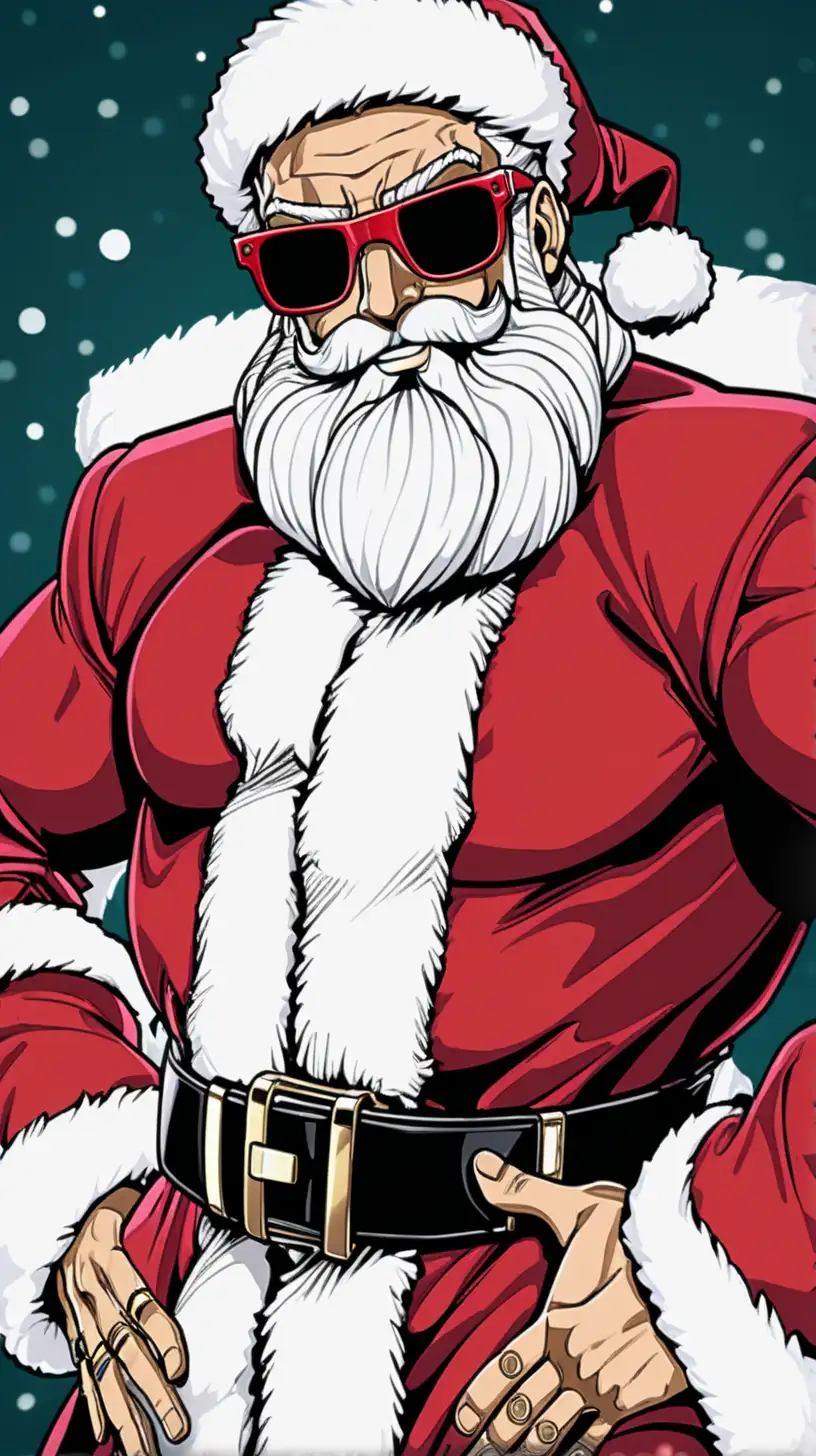 santa claus with shades in jojo's bizarre adventure art style, with a stand