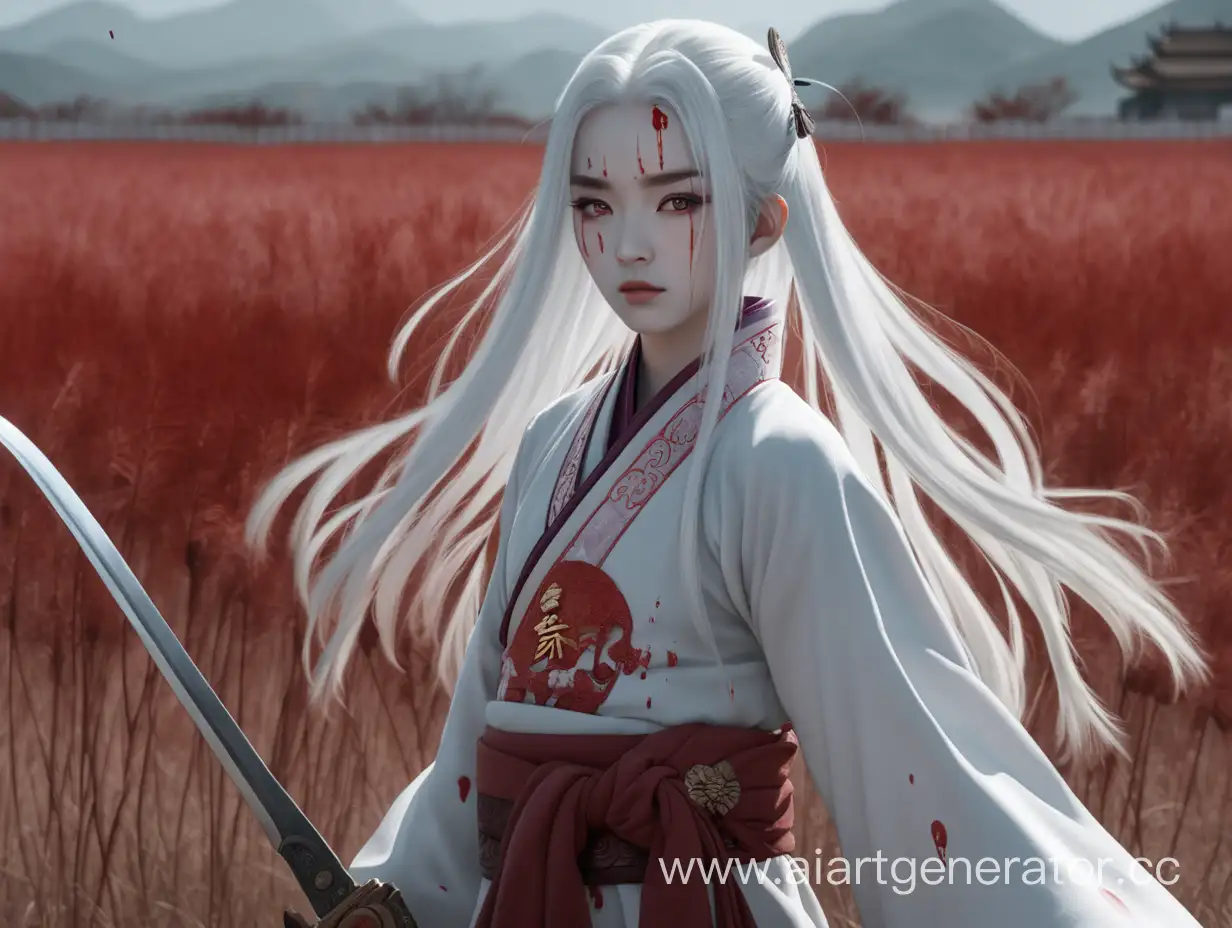 Mysterious-WhiteHaired-Girl-in-Ancient-Chinese-Garb-Wields-Bloodied-Sword-in-Field