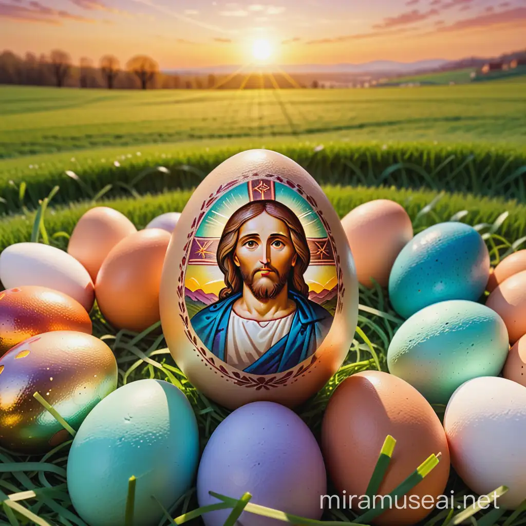 Eastern egg is on spring meadow covered with various colored eggs. There is picture of crossed Jesus on surface of eastern egg. Backround is on golden sunset atmosphere .