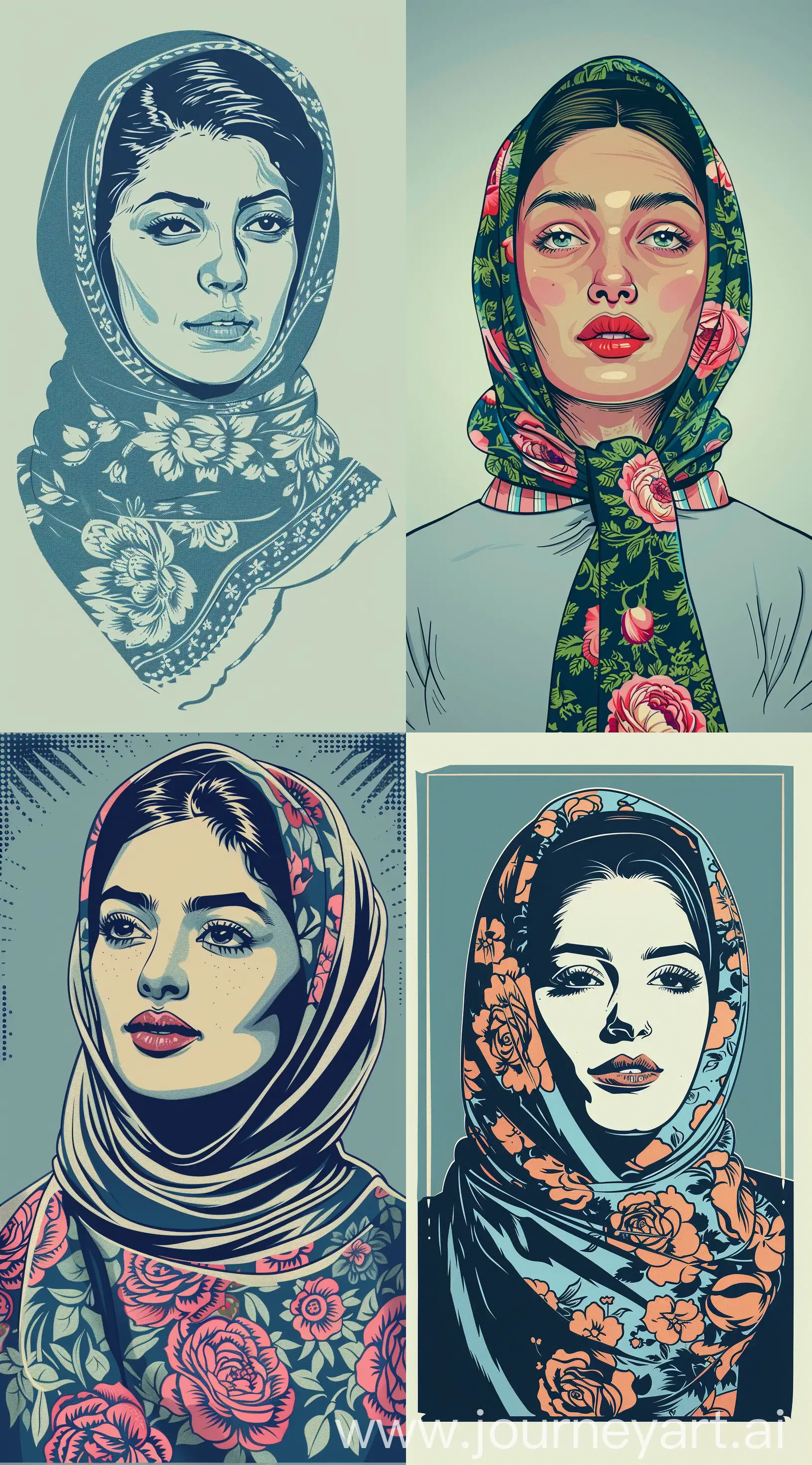 front facing headshot of a persian woman wearing a floral patterned scarf, pop art style, retro style vector illustration, in the style of detailed comic book art, light cyan and navy, realistic hyper-detail, flickr, woodcut-inspired graphics, detailed character illustrations, --ar 71:128 --v 6