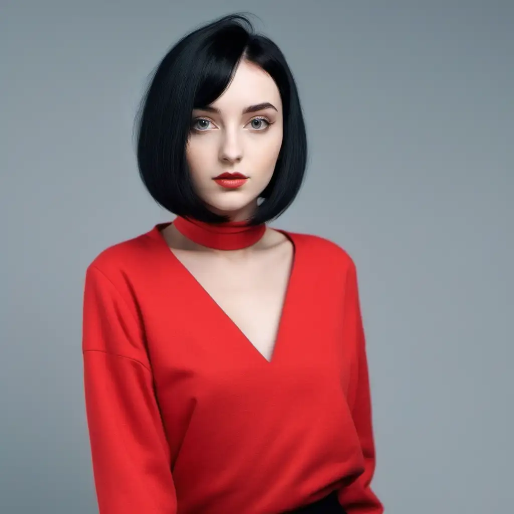 Stylish European Girl with Bob Haircut in Striking Red Attire