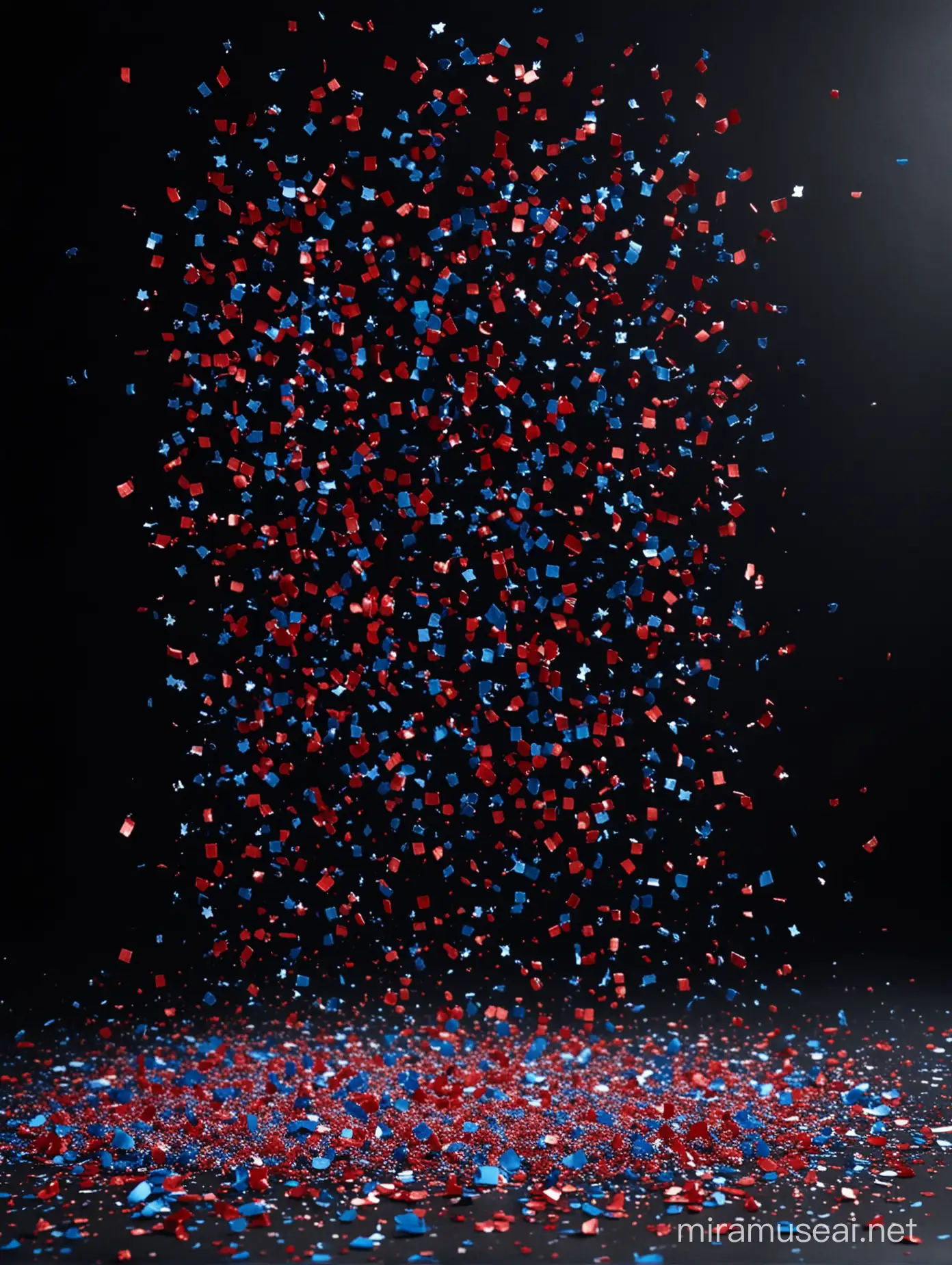 red and blue confettis flying on black background