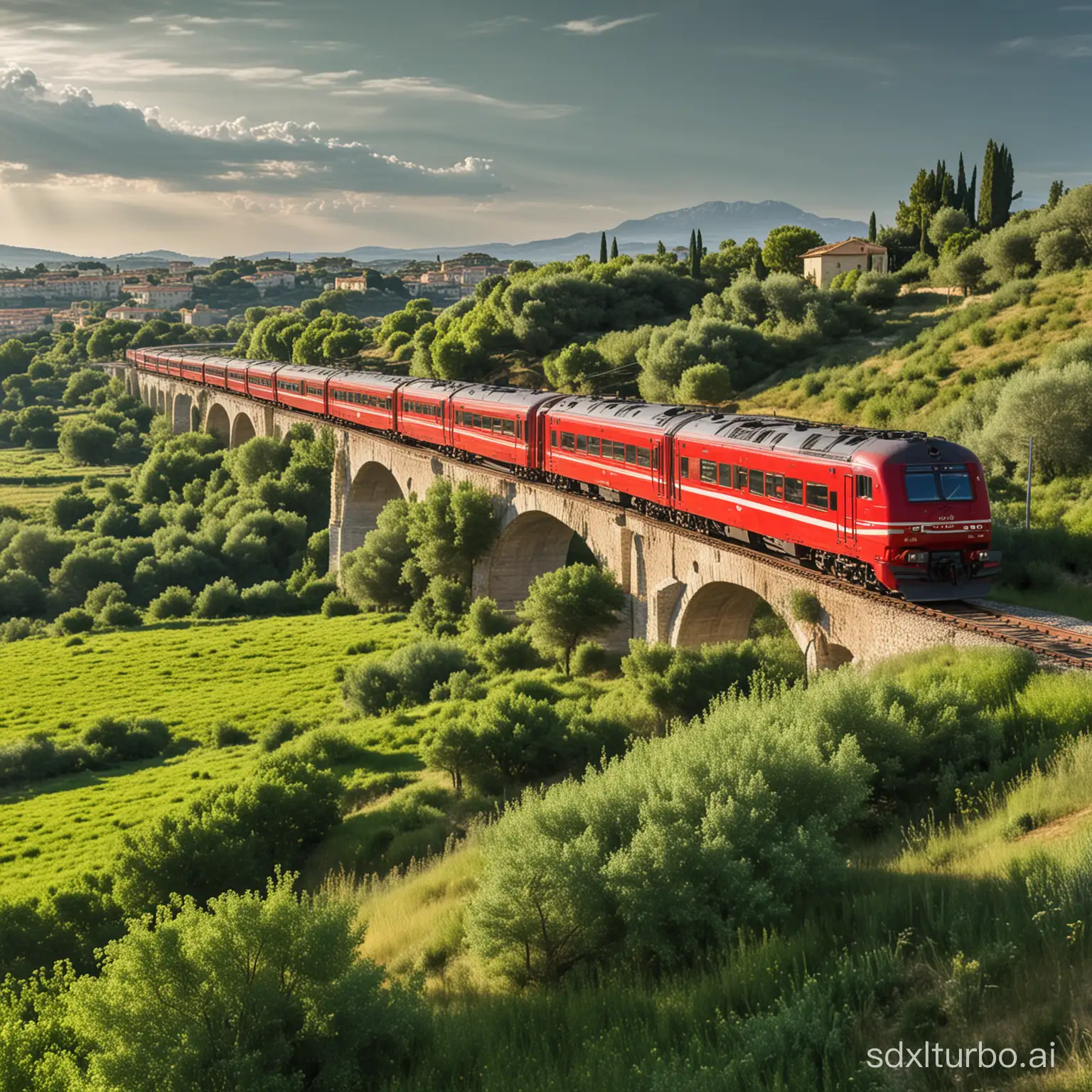 Vibrant-Red-Train-Rolling-Through-Lush-Green-Landscape-Illustration-with-Stunning-Lighting