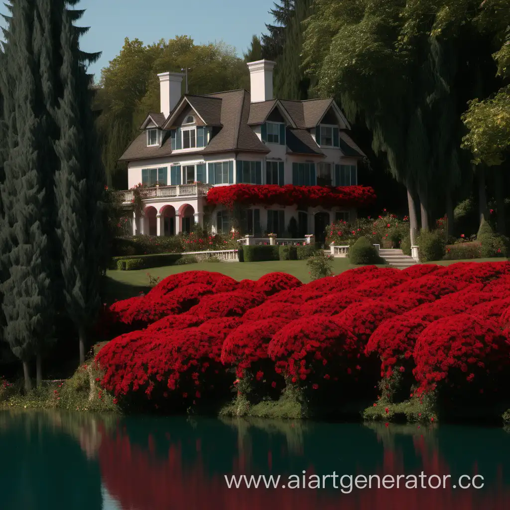 дом в окружении красных роз, деревьев и озеро