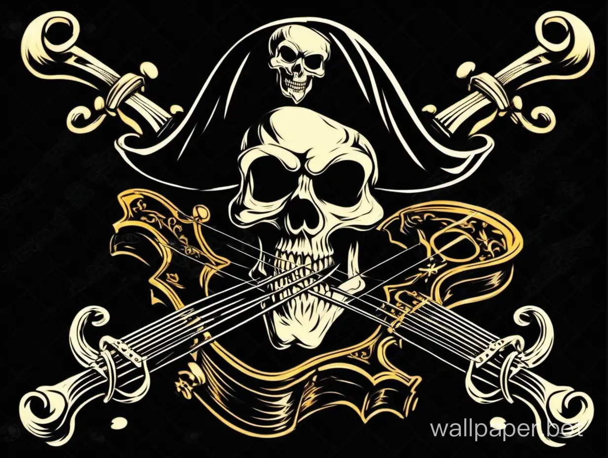 skull violin like jolly roger pirate flag, black bacground