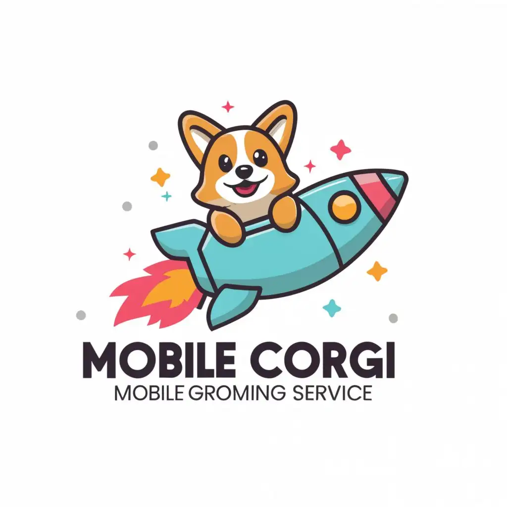 a logo design,with the text "mobile dog grooming", main symbol:
For the logo, I am looking for something that includes a corgi riding in a rocket ship. The rocket ship should be headed from left to right at a slight angle upwards.

I've included a picture of Thor which is the color scheme I am looking for overall. I have included a picture of a corgi for reference and then a logo of a dog in a wagon that I also like.

UPDATE - Can I see some logos that just have a corgi in a rocket ship instead of the rocketship that is also a bathtub.,Moderate,clear background