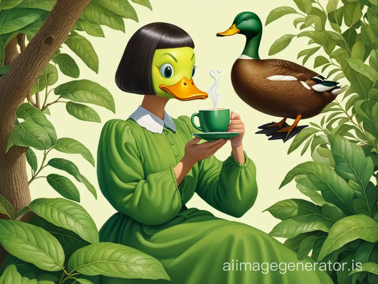 The avocado girl is drinking coffee. A duck hid in the bushes.