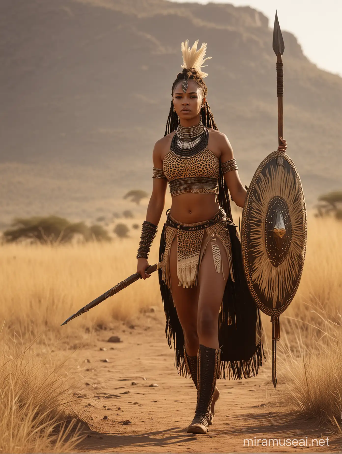 the native beautiful african lightskin , 1800s woman zulu warrior whith spear and long ovale shield is walking in the African savannah, in the style of light brown and dark black, fashwave, mesoamerican leopard influences, candid celebrity shots, uhd image, body extensions, natural beauty --ar 69:128 --s 750 --v 5. 2