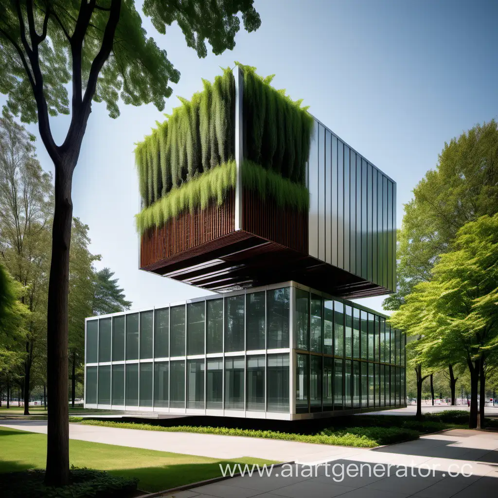 Moderne bauhaus architektur, qubus der schwebt über den eingang,büro Gebäude mit nur zwei 2 etage, in längliche Form mit Pflanzen an den fassade. Aluminium,Glas,Stahl und Holz -Lamellen an den fassade, in in dem Park mit vielen bäume