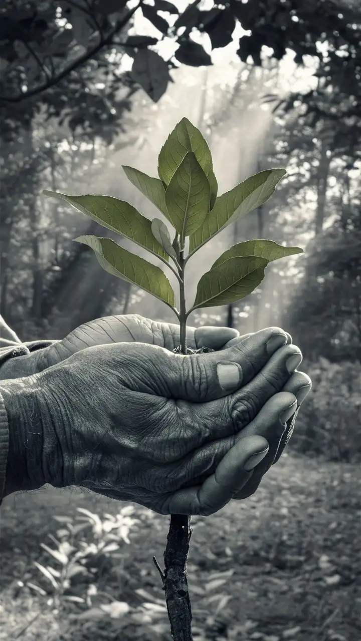 Create a realistic image of an elder's weathered hands gently cradling a small sapling with vibrant leaves, symbolizing growth and nurturing. The setting is a serene forest with dappled sunlight filtering through the canopy, casting soft light on the hands and the plant. The focus is on the interplay of textures between the rough hands and delicate leaves, with the backdrop of the tranquil woods.
