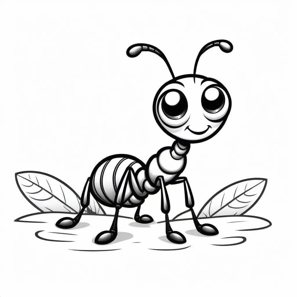 australian cartoon ant crawling smiling with no wings drawing black and white, kids colouring book stencil, black lines only white background, fine lines, friendly cartoon