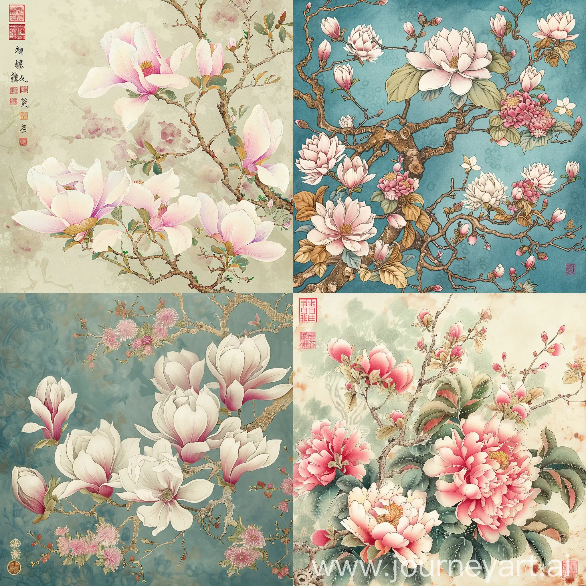 Floral-Symphony-Vibrant-Magnolias-Plum-Blossoms-and-Peonies-in-a-Serene-Garden-Landscape