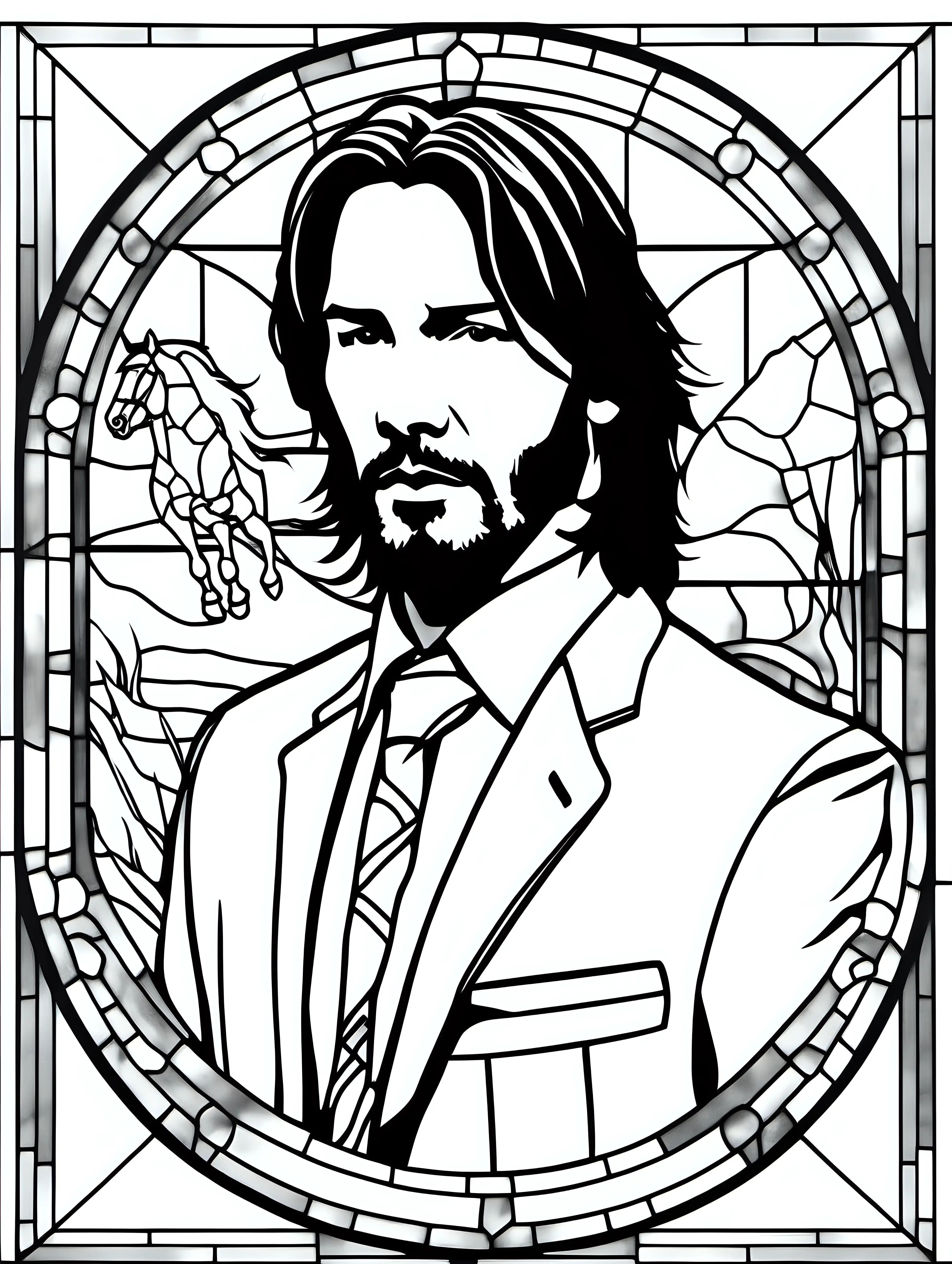 adult coloring page, clean black and white, white background, young Keanu Reeves, stained glass with a wild stallion theme