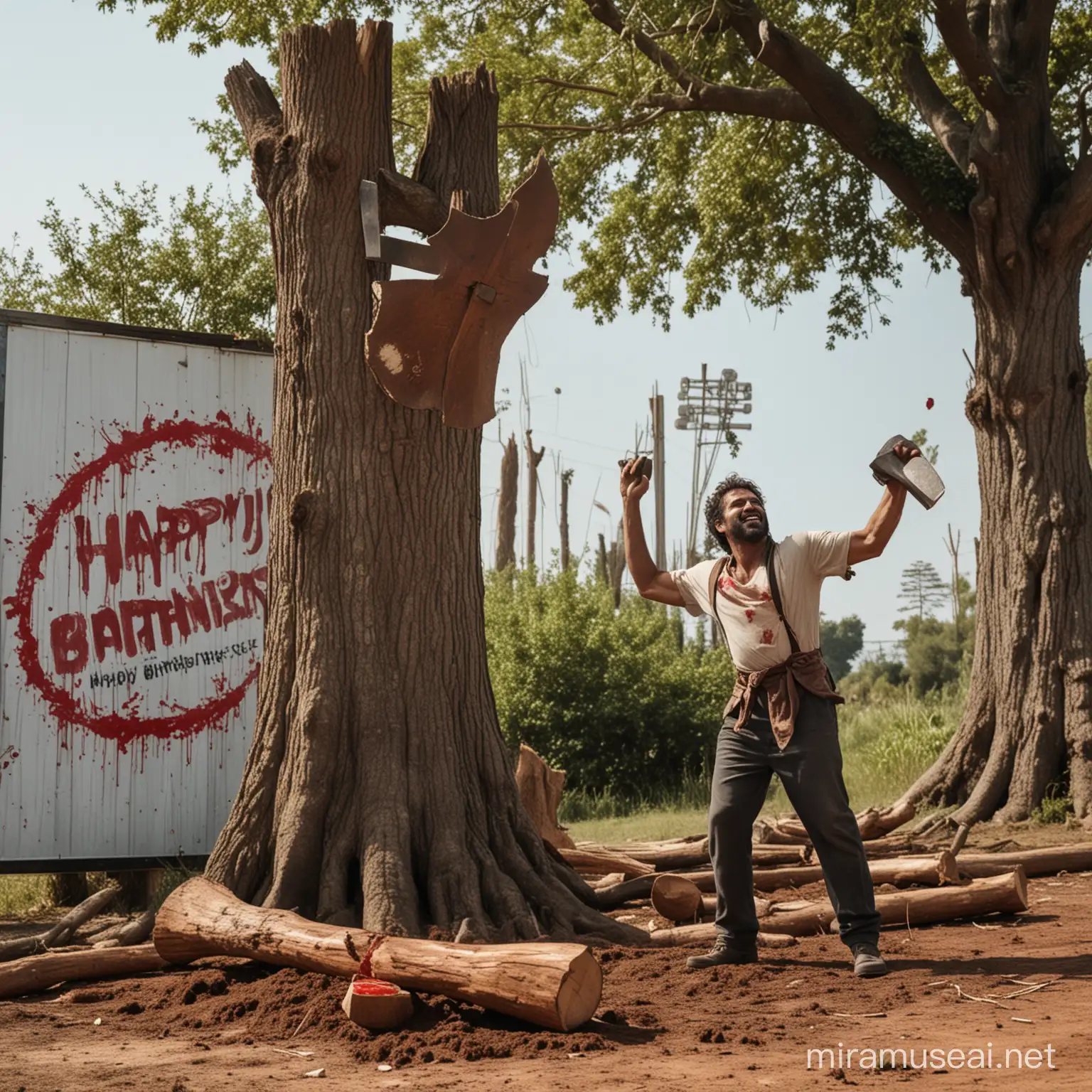a man standing in the center of the universe cutting the tree with large axe .Tree is made of energy and when the axe is hitting the tree the blood starts coming out. in the background there is a billboard that says HAPPY BIRTHDAY MAGISTRE
