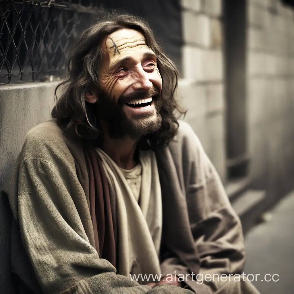 Jesus Christ homeless but happy

