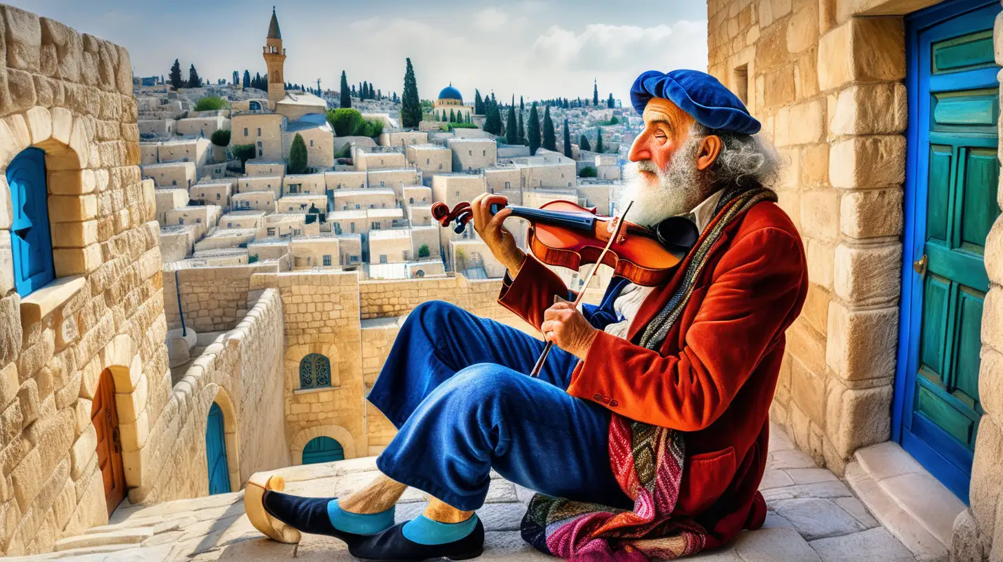 Using Marc Chagall artistry create old streets of Jerusalem with a fiddler sitting on top of a house dressed with colorful clothing.