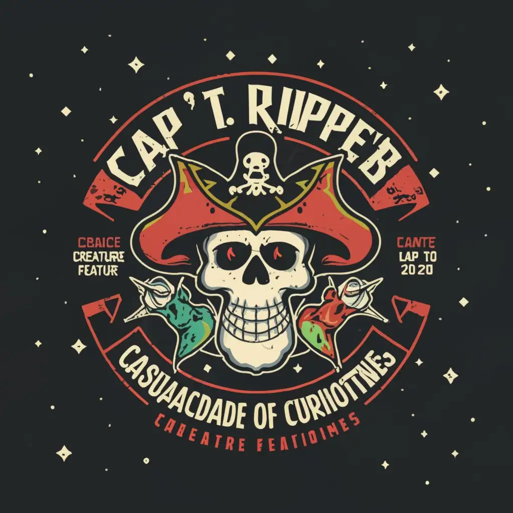 a logo design,with the text "Cap'n Jack T. Ripper's Cosmic Cavalcade of Curiosities", main symbol:creature feature, youtube show, space pirate, humor, skulls, sci-fi, horror,complex,be used in Entertainment industry,clear background