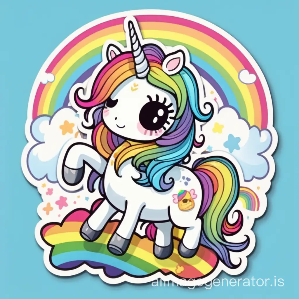 Cute death on a unicorn under a rainbow, cartoon character, sticker