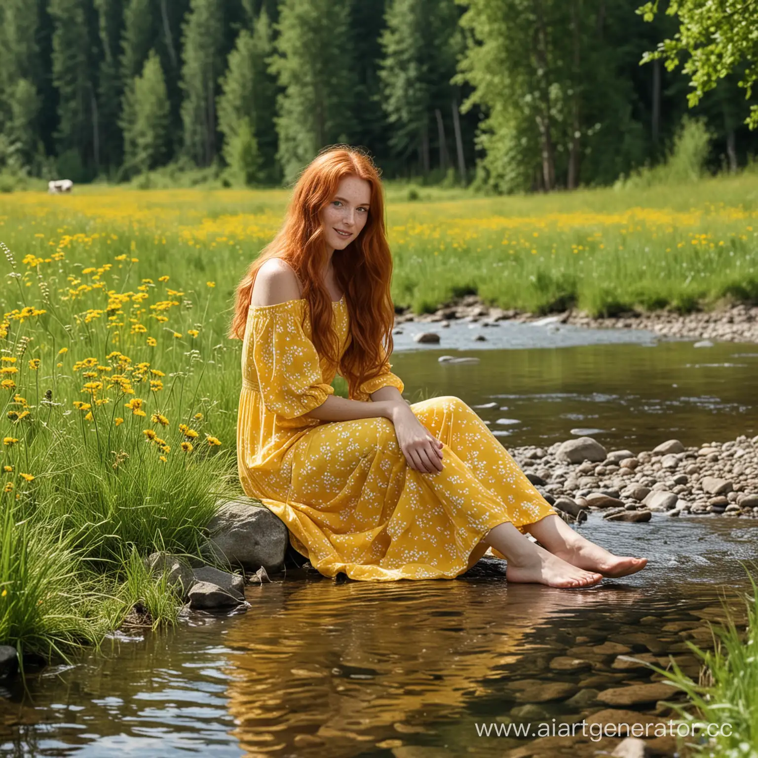 Летний солнечный день. Альпийский луг. На лугу пасутся три коровы. Рыжеволосая, длинноволосая, с веснушками девушка в жёлтом летнем длинном платье сидит возле ручья и наслаждается прекрасным днём.