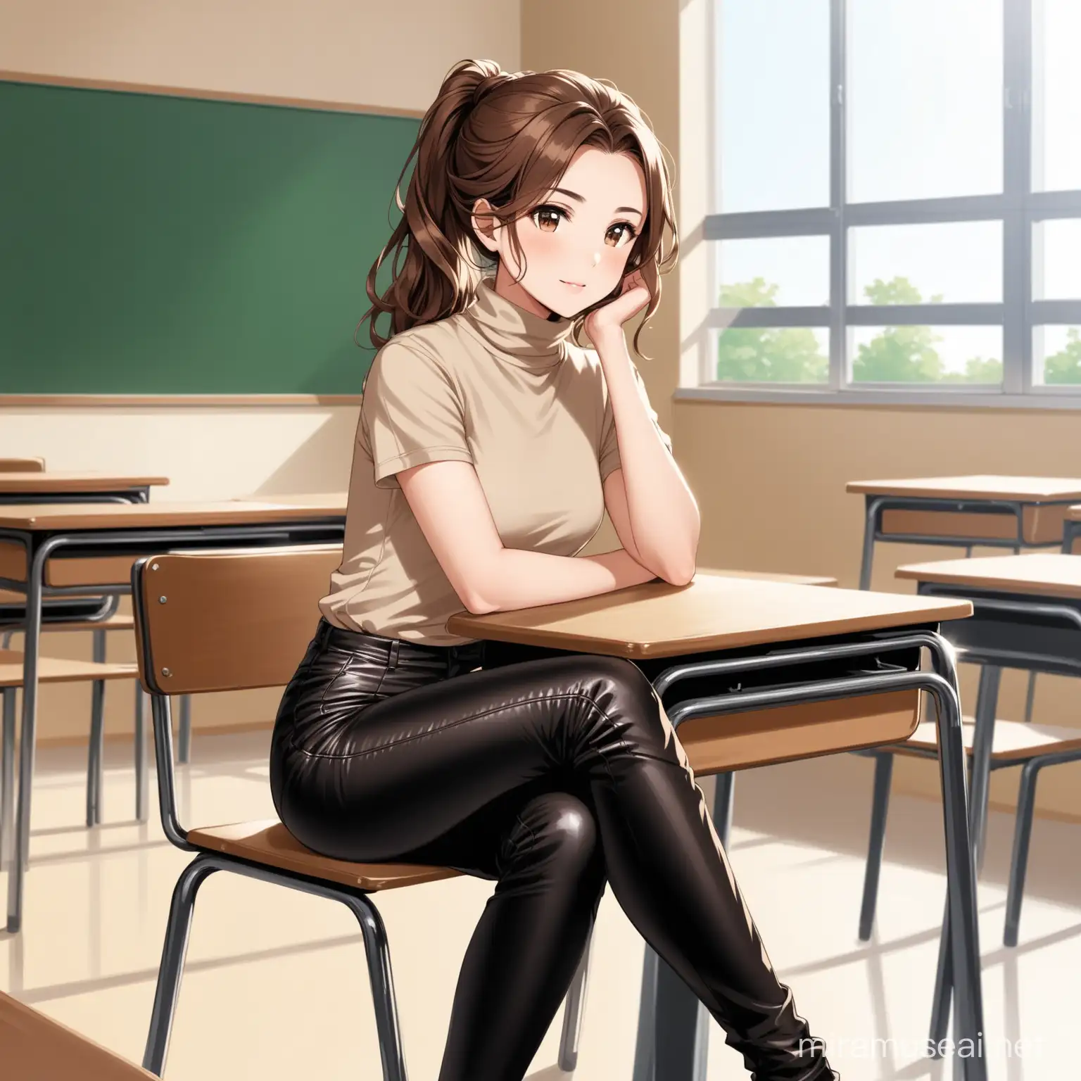 Belle femme châtain, cheveux ondulés coiffés en queue de cheval, t-shirt col roulé beige, pantalon  en cuir noir, assise jambes croisées, sur un bureau, dans une salle de classe, plan large